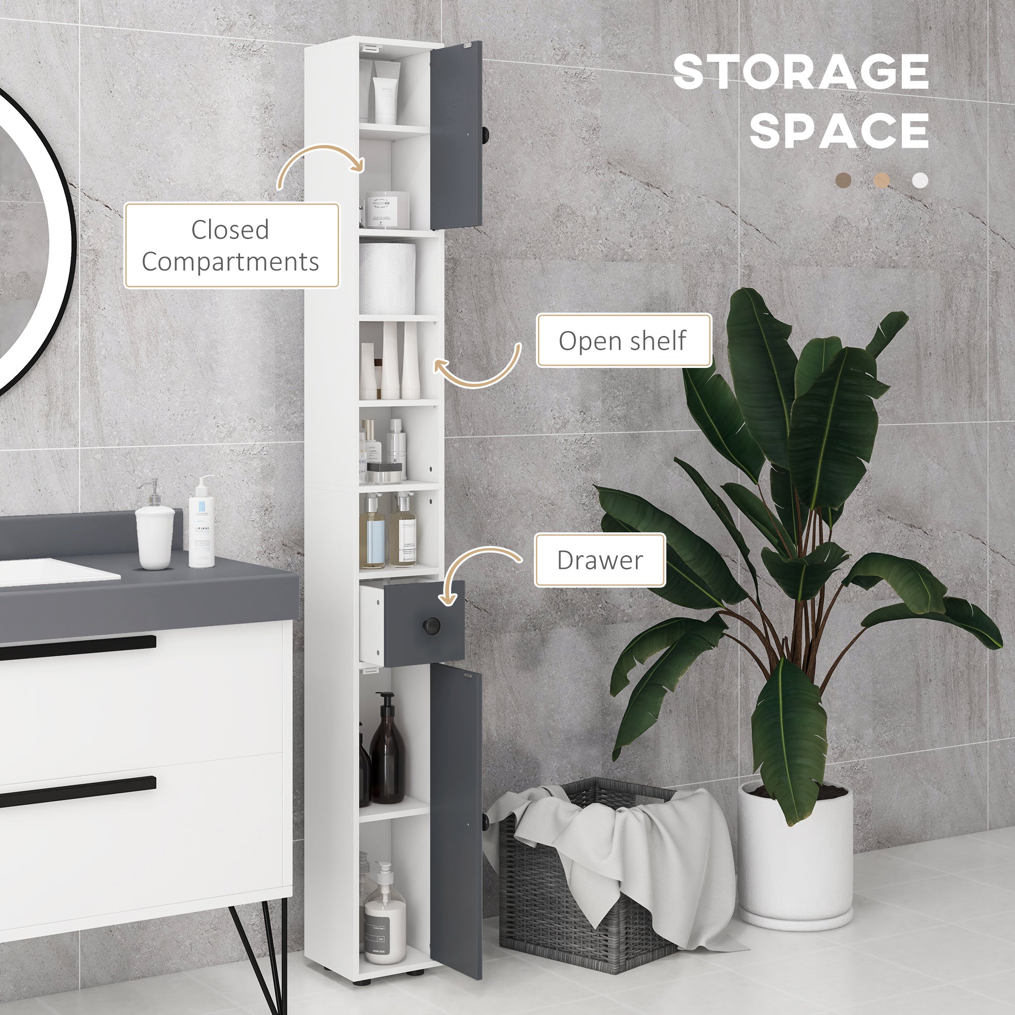 kleankin 180cm Slim Bathroom Cabinet, with Drawer, Shelves and Cupboards - Grey - North Peak Garden Furniture