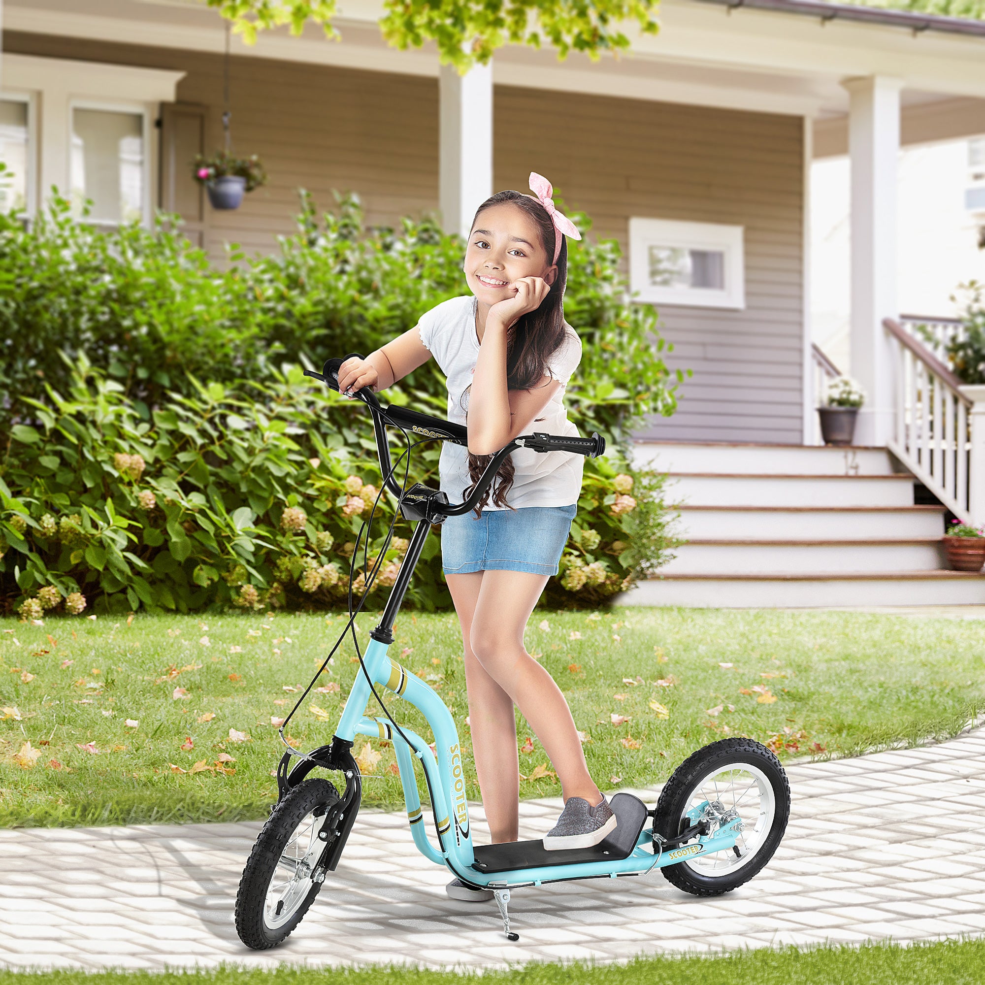 HOMCOM Teen Kids Stunt Scooter w/ Adjustable Handlebar, 12 Inch Rubber Tyres, Dual Brakes, Blue - North Peak Garden Furniture
