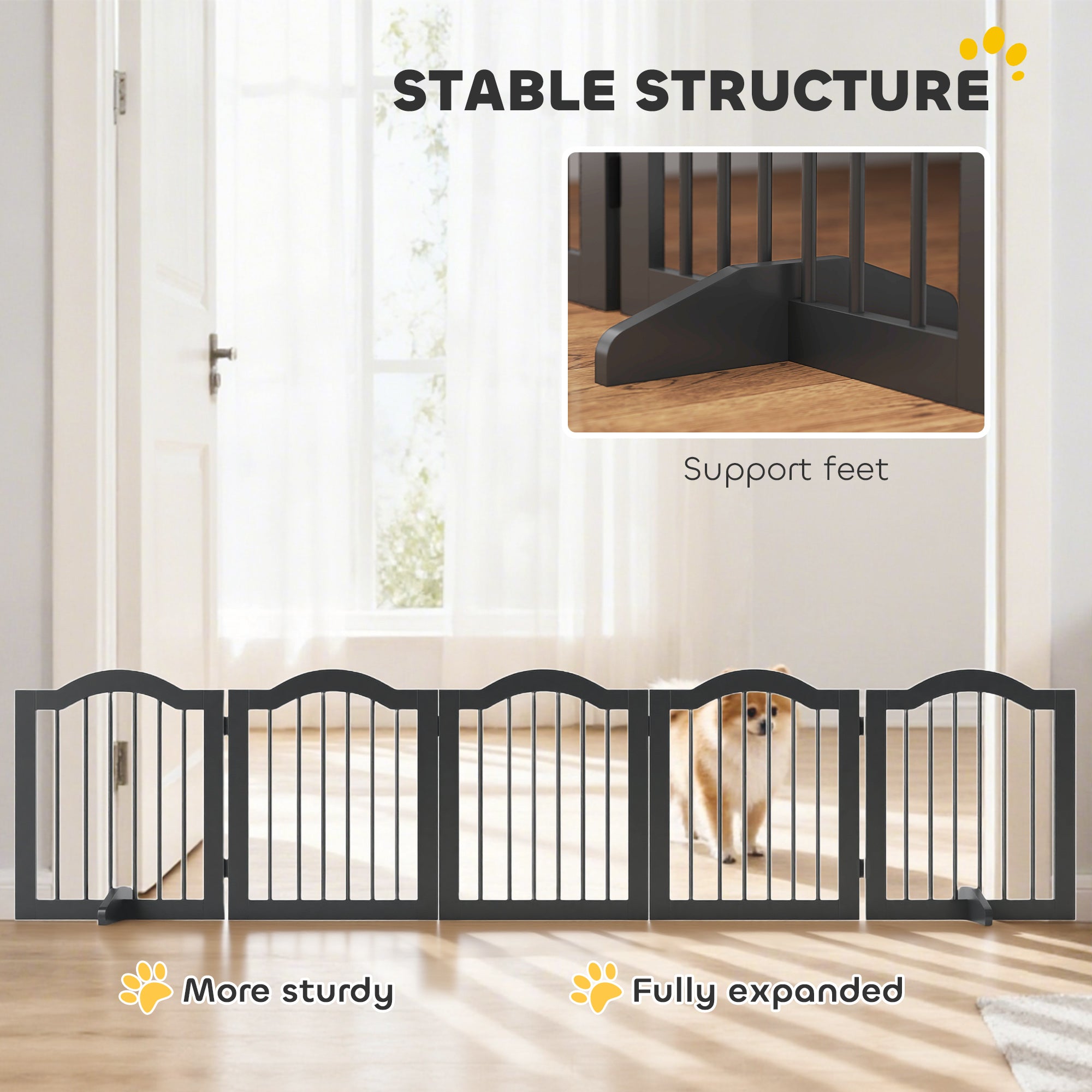 PawHut Freestanding Dog Gate Wooden Stair Gate for Dogs with Support Feet Foldable Pet Fence Safety Barrier for the House Doorway Stairs Black