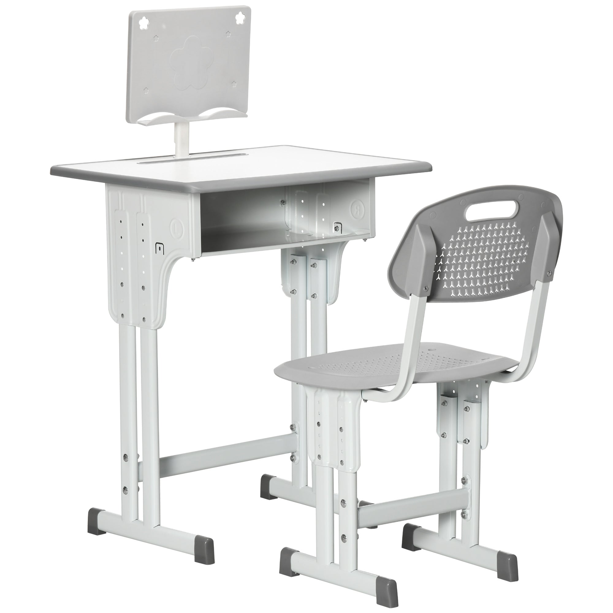 HOMCOM Kids Adjustable Desk and Chair Set, Book Stand, Pen Slot - Grey