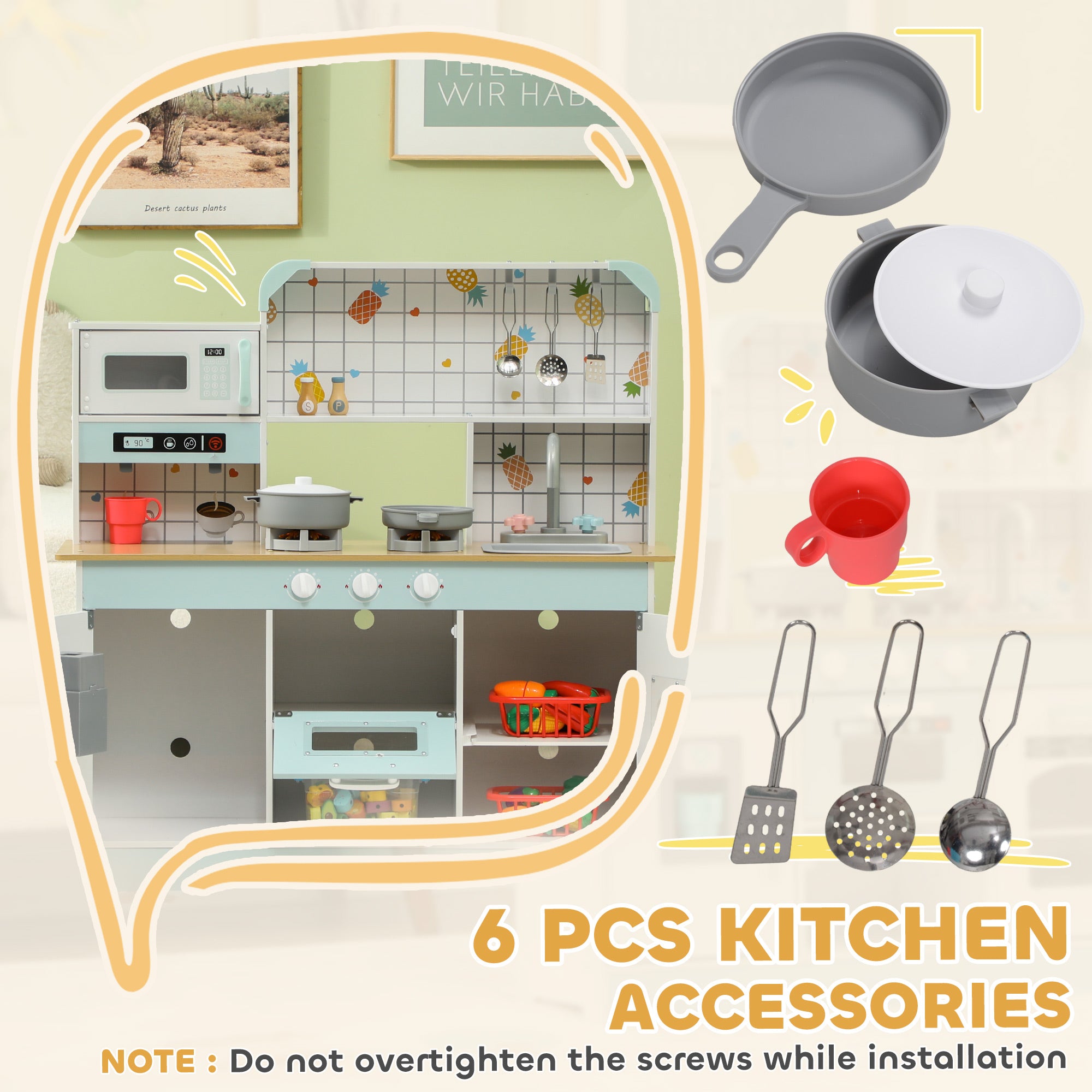 AIYAPLAY Toy Kitchen, Pretend Role Play Kitchen with Hob, Sound and Light, Coffee Machine, Ice Maker, Microwave - North Peak Garden Furniture