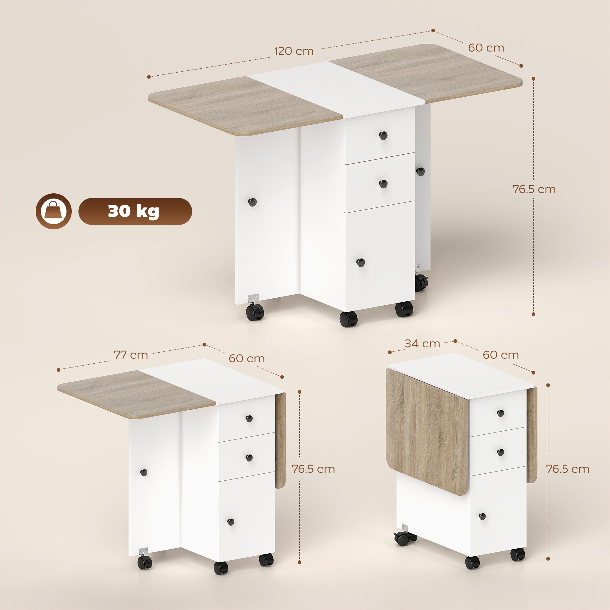 HOMCOM Multi-Storage Six-Person Drop Leaf Dining Table -  Oak and White
