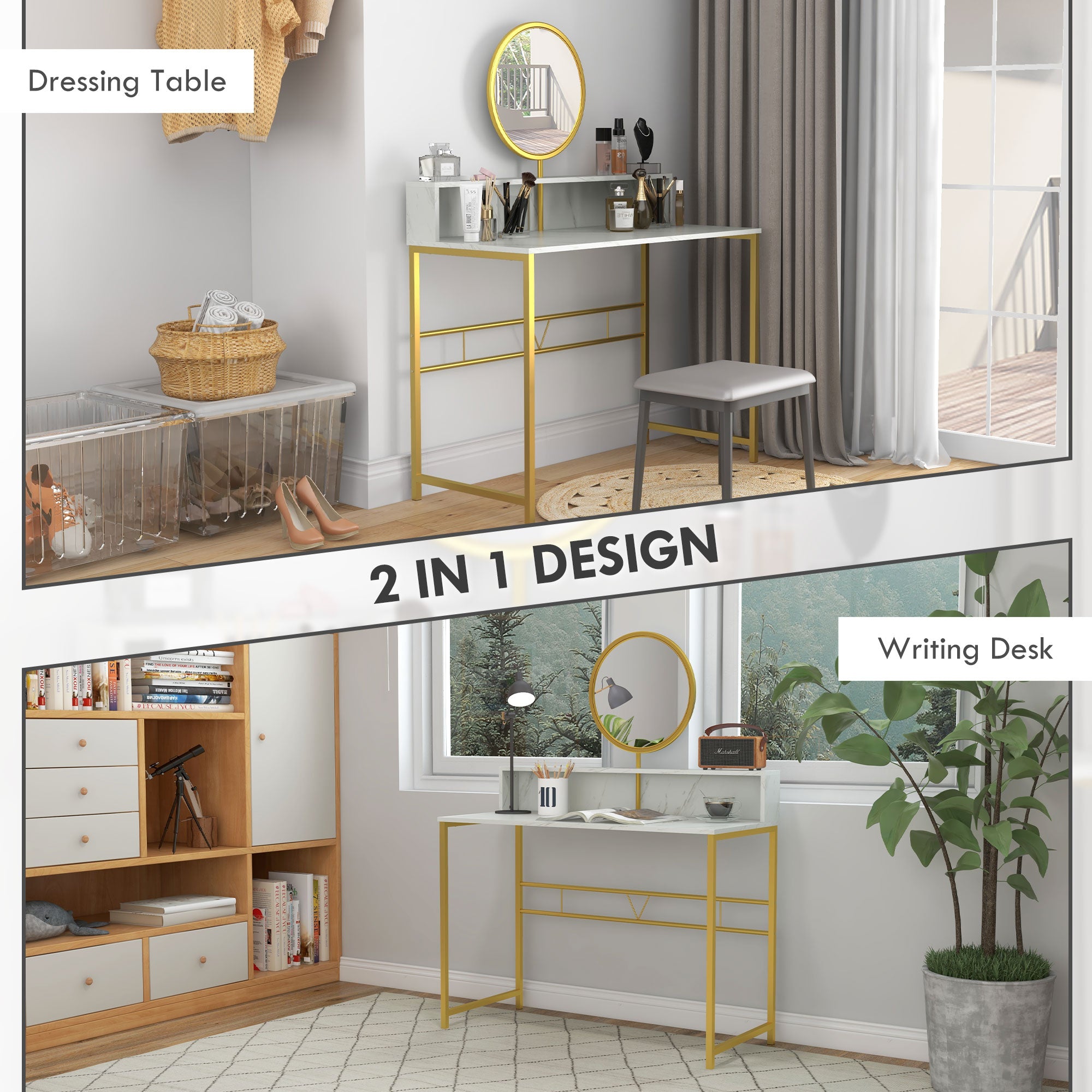 HOMCOM Modern Dressing Table with Round Mirror, Vanity Makeup Desk with Open Storage, Faux Marble Texture and Steel Frame for Bedroom, White - North Peak Garden Furniture