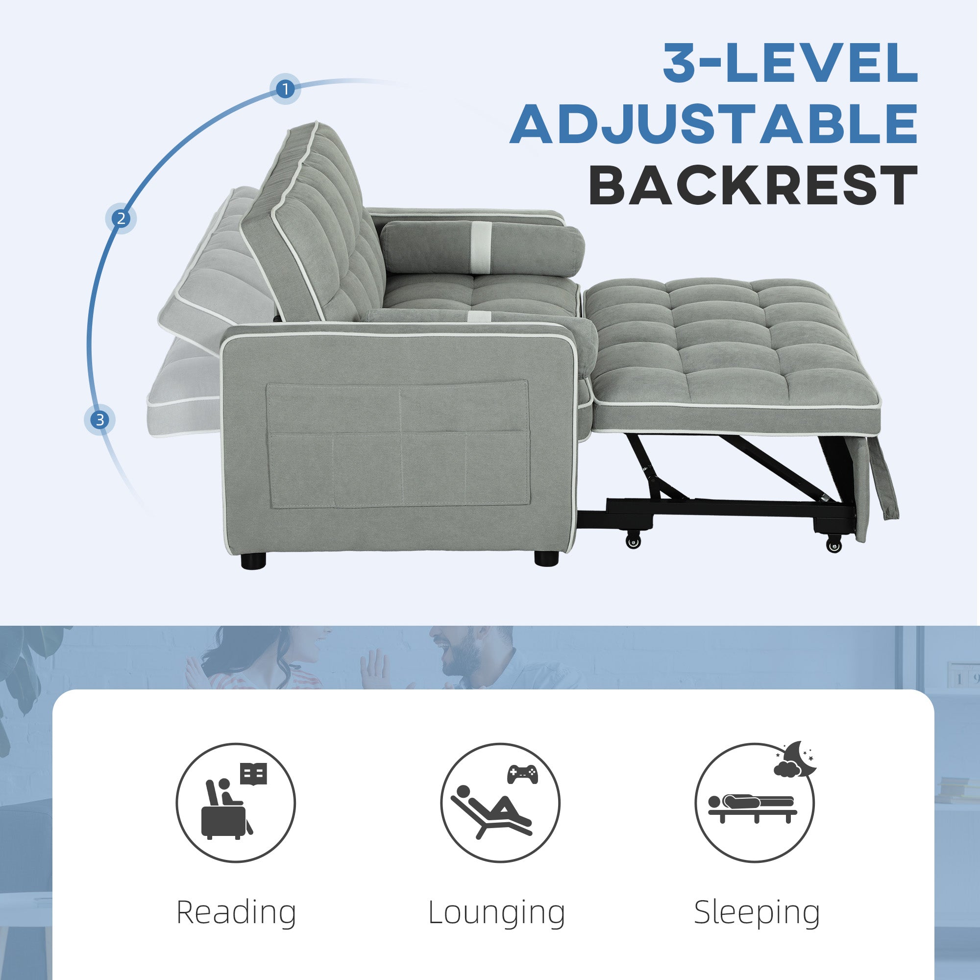 HOMCOM Two-Seater Linen-Look Sofa Bed - Light Grey - North Peak Garden Furniture
