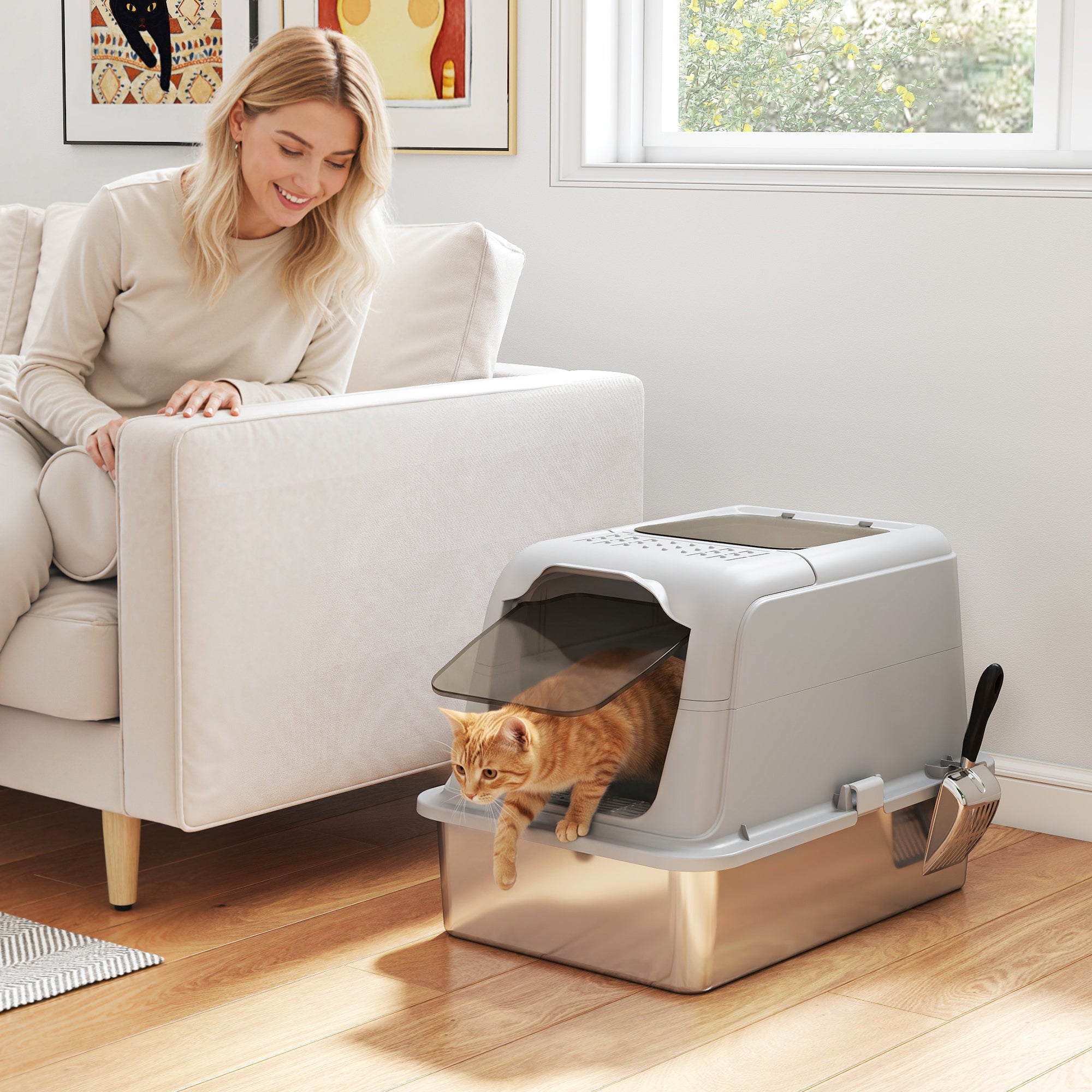 PawHut Extra Large Stainless Steel Litter Box, Enclosed Cat Litter Tray with Scoop, Deodorizer Bag, Front-Entry and Top-Exit