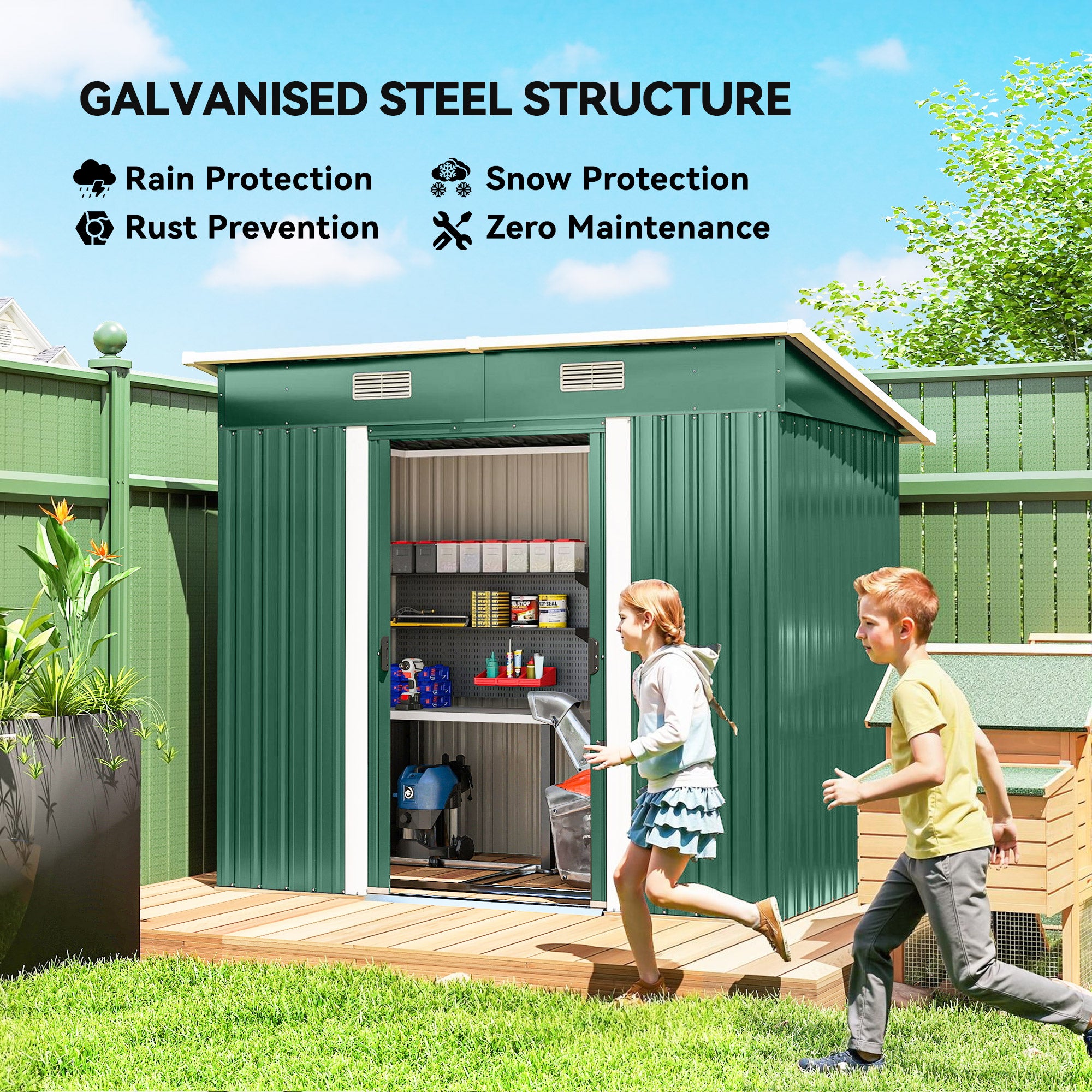 Outsunny 7 x 4ft Outdoor Storage Shed with Foundation Kit, Lean to Metal Garden Shed for Log, Rubbish Bin, Tool, Bike, Green