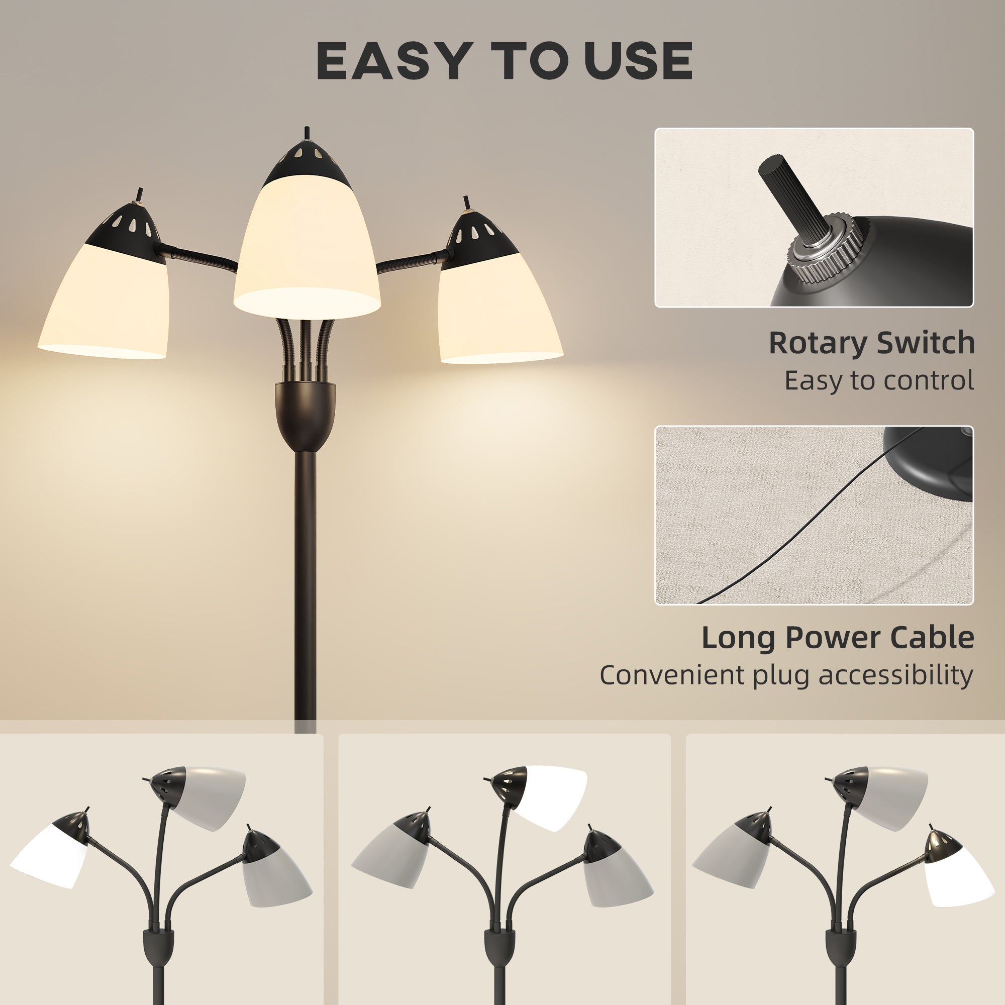 HOMCOM Arc Tree Floor Lamp with 3 Adjustable Rotating Lights and 3000K/4500K/6500K Colour Temperatures, Industrial Standing Lamp with Steel Frame for Bedroom Living Room, 155cm, Black