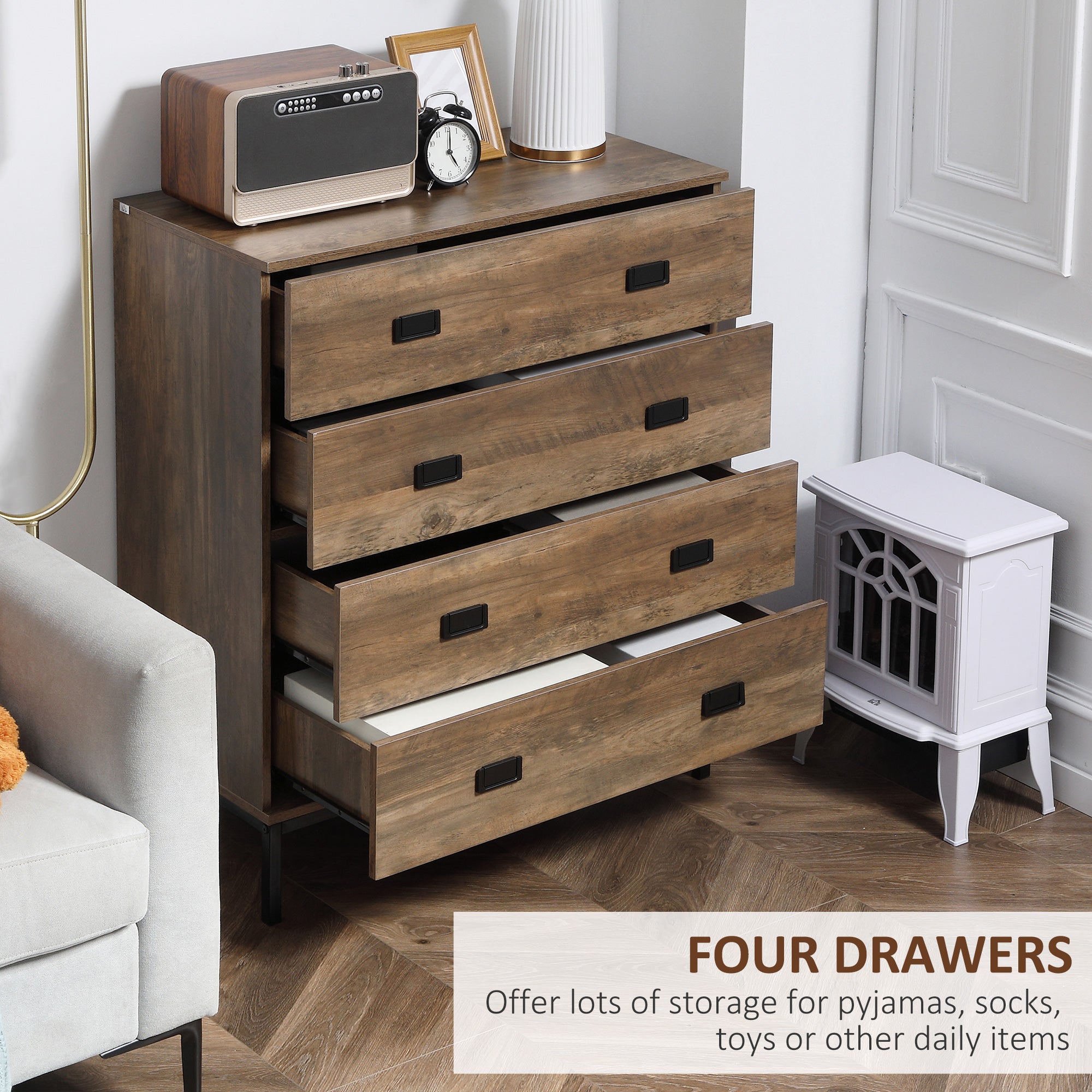HOMCOM Chest of Drawers, 4-Drawer Storage Organiser Unit with Metal Frame for Bedroom, Living Room, Brown - North Peak Garden Furniture