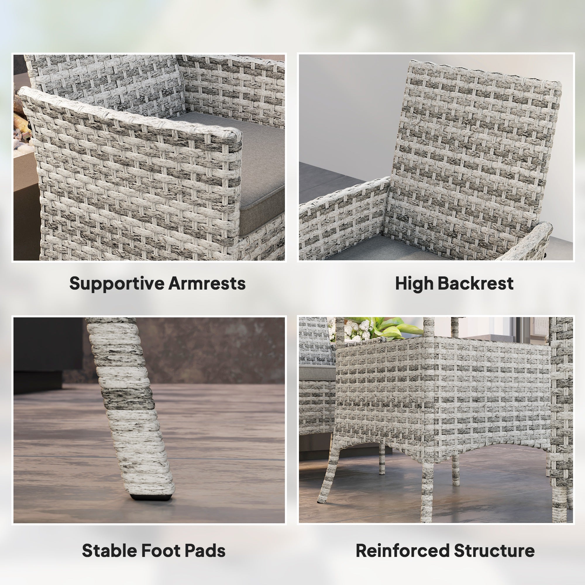 Outsunny Rattan Garden Furniture Set, Outdoor Dining Table and Chairs 4 Seater with Cushions, Square Tempered Glass Top, 4 Armchairs, for Balcony, Terrace, Conservatory, Mixed-Grey - North Peak Garden Furniture