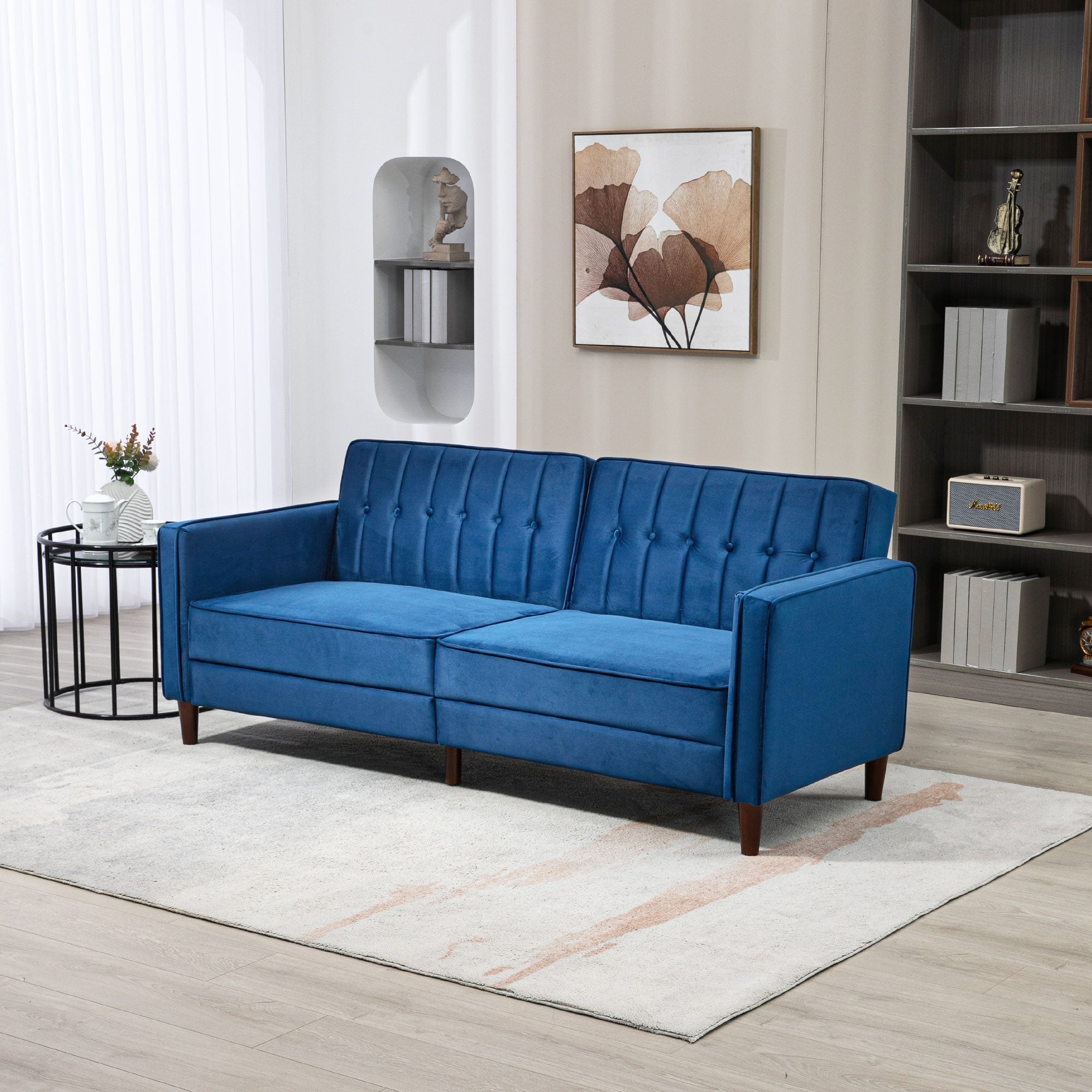 HOMCOM Velvet-Feel Three-Seater Sofa Bed - Blue - North Peak Garden Furniture