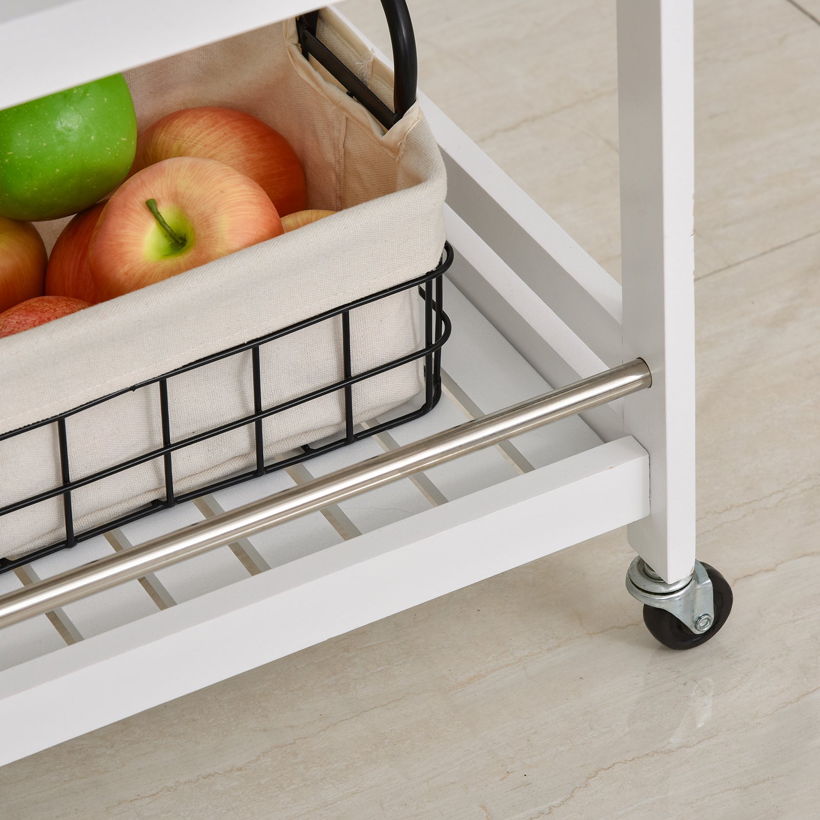 HOMCOM 3-Tier Home Trolley Kitchen Storage Cart w/ Steel Bars 4 Universal Wheels Rolling Unit Organiser Living Room White - North Peak Garden Furniture
