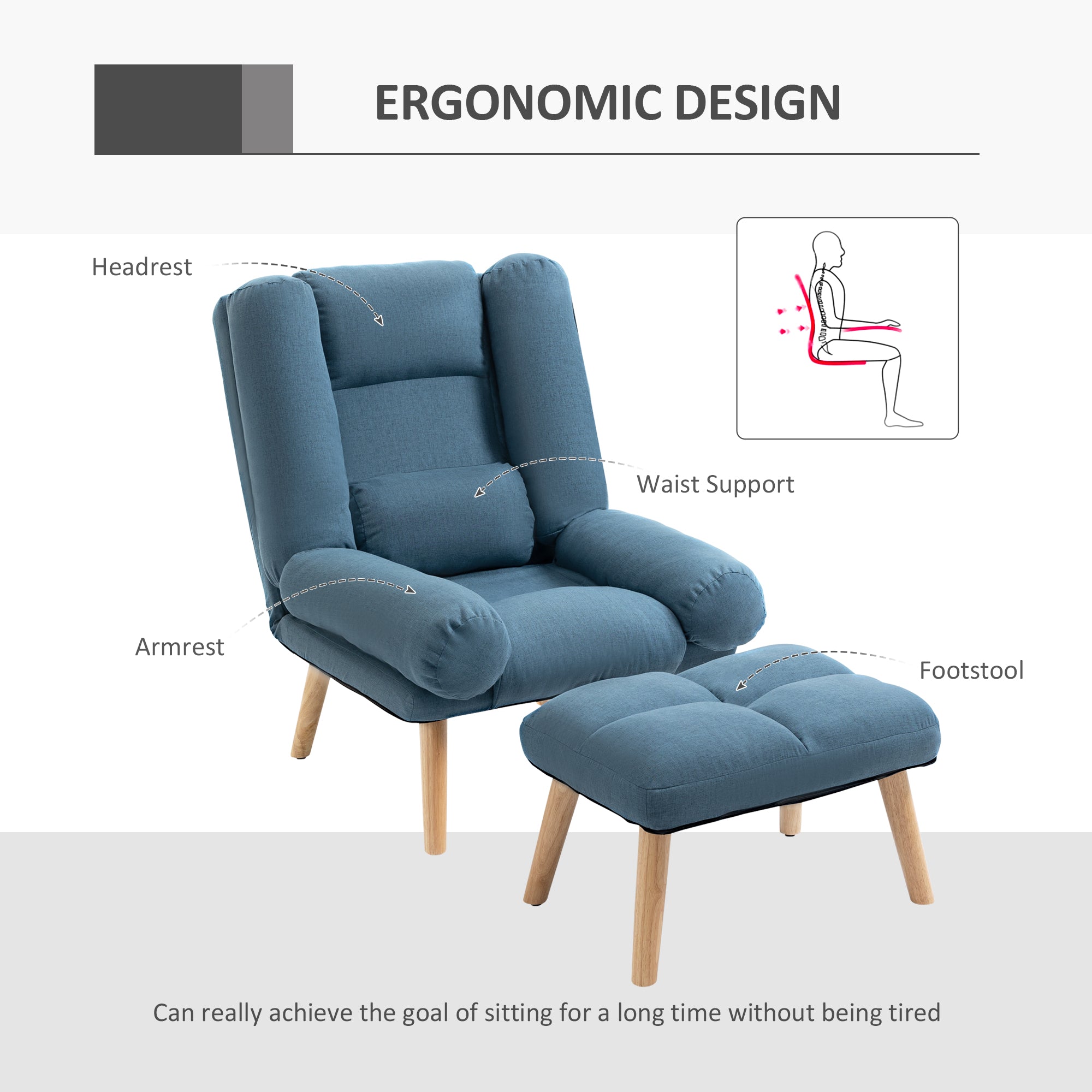 HOMCOM Armchair with Footstool, 180° Recliner with Ottoman, Accent Chair and Footstool with 3-Position Adjustable Backrest and Wooden Legs for Living Room, Blue - North Peak Garden Furniture