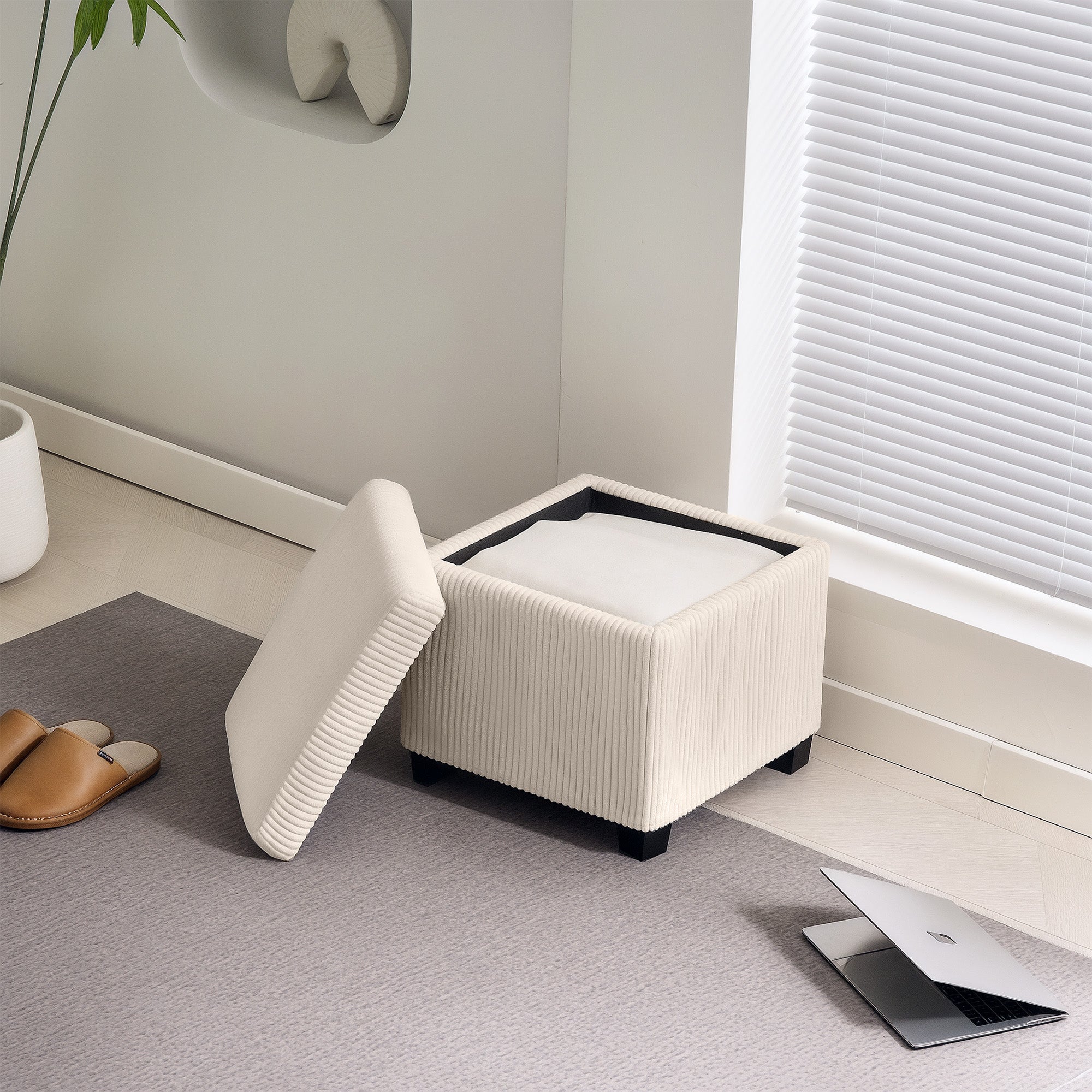 HOMCOM Storage Ottoman Bench, Corduroy Footstool with Removable Lid and Legs, 40cm Storage Chest Box for Living Room, Bedroom, Hallway, Beige - North Peak Garden Furniture