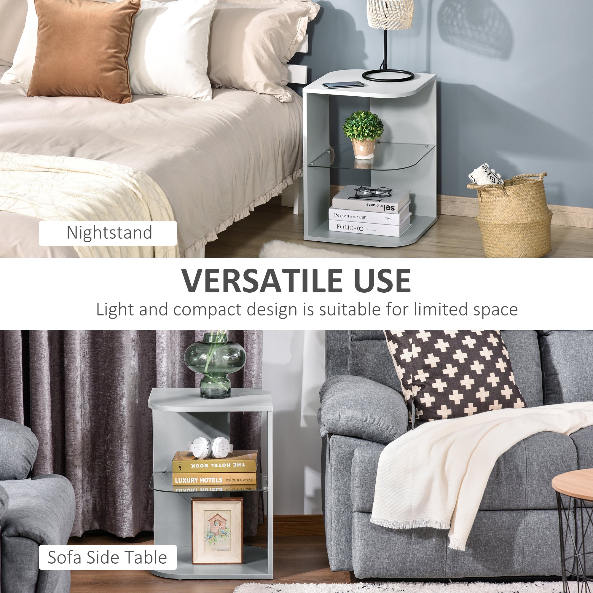 HOMCOM Modern Side Table Set of 2, Three Layer Bedside Table Nightstand with 2 Storage Shelves, for Living room, Bedroom, Grey - North Peak Garden Furniture