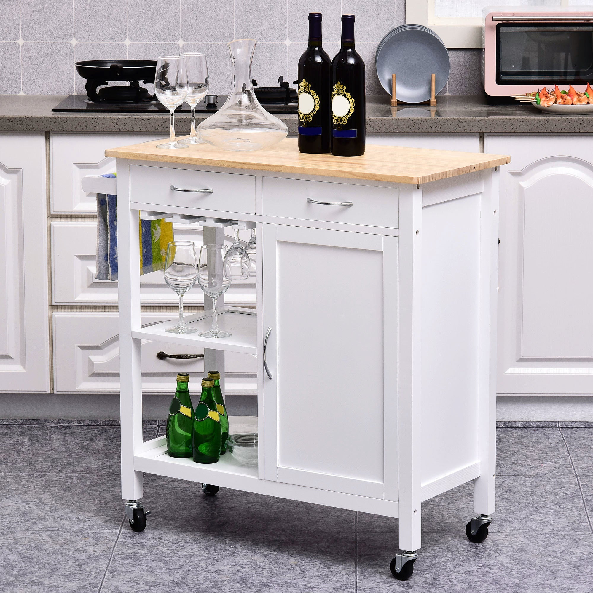 HOMCOM Kitchen Storage Trolley Cart Cupboard Rolling Wheels Shelves Cabinet Island W/ Drawers Towel Rail Wine Glass Rack Pine Wood Worktop  White