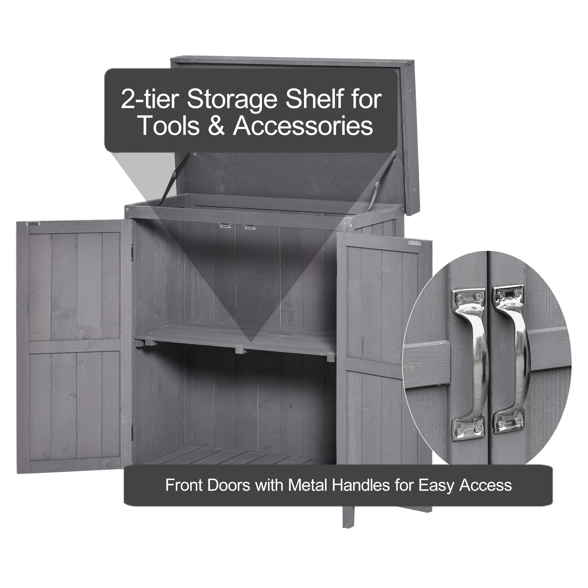Outsunny Wooden Garden Storage Shed with Hinged Roof and Shelves, Outdoor Storage Cabinet Chest, Double Doors, 74 x 43 x 88cm, Grey - North Peak Garden Furniture