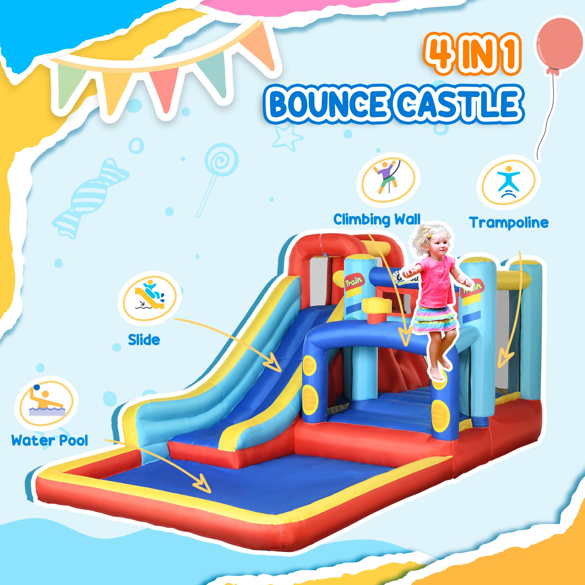 Outsunny 4-in-1 Bouncy Castle, with Slide, Trampoline, Climbing Wall, Blower, Multicoloured