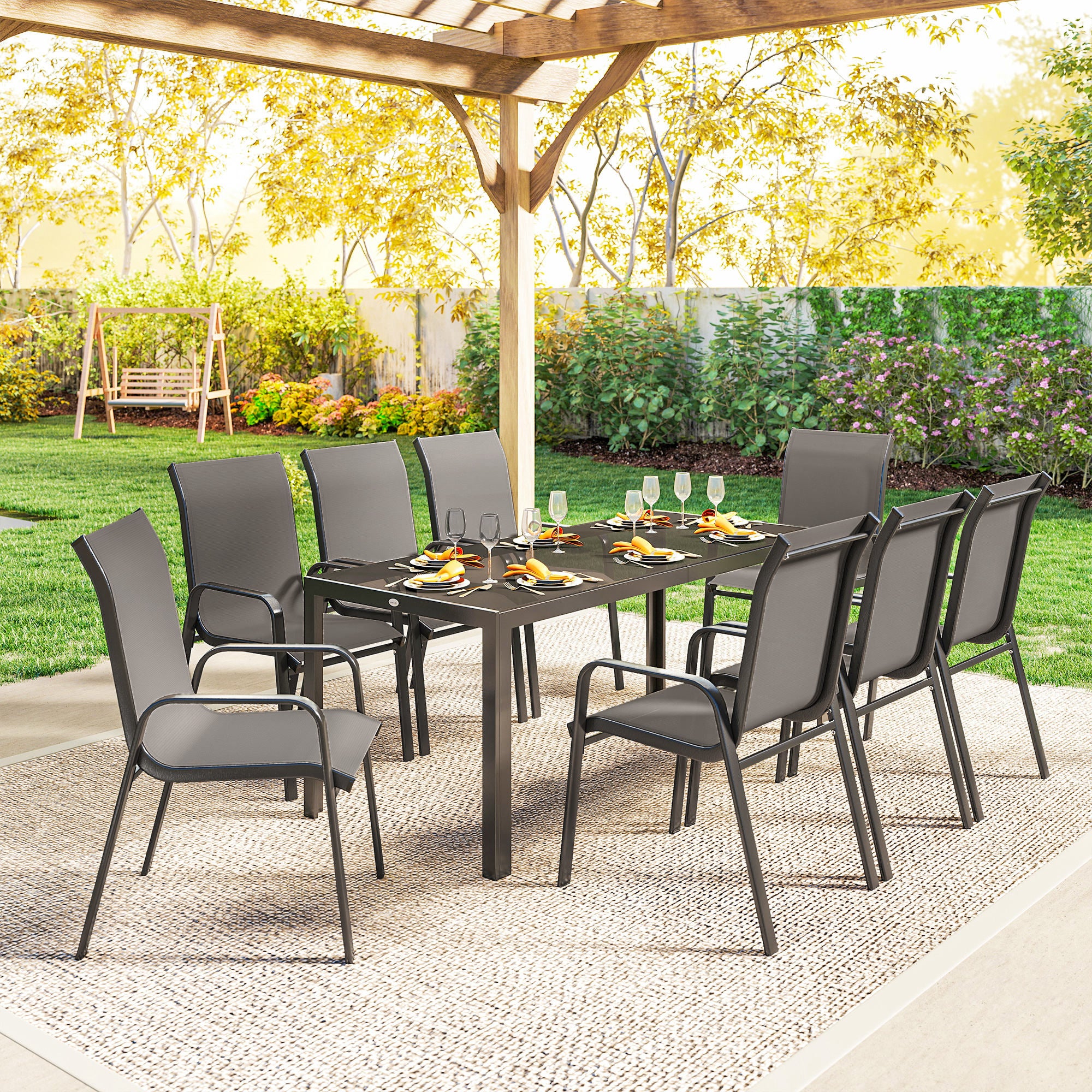 Outsunny 9 Pieces Garden Dining Set, Outdoor Table and Chairs Set for 8, Garden Furniture Set with Tempered Glass Top, Dark Grey