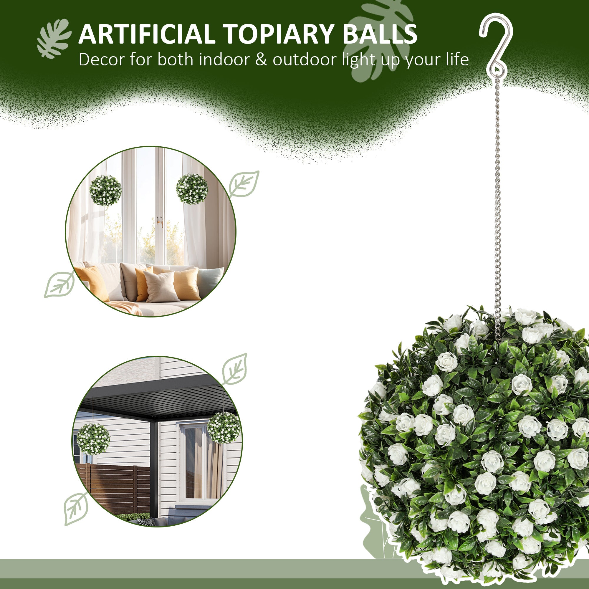HOMCOM Set of 2 Decorative Artificial Plants, UV-protected Artificial Plant Topiary Rose Balls, Fake Plants for Home Indoor outdoor Decor, 28cm, White - North Peak Garden Furniture