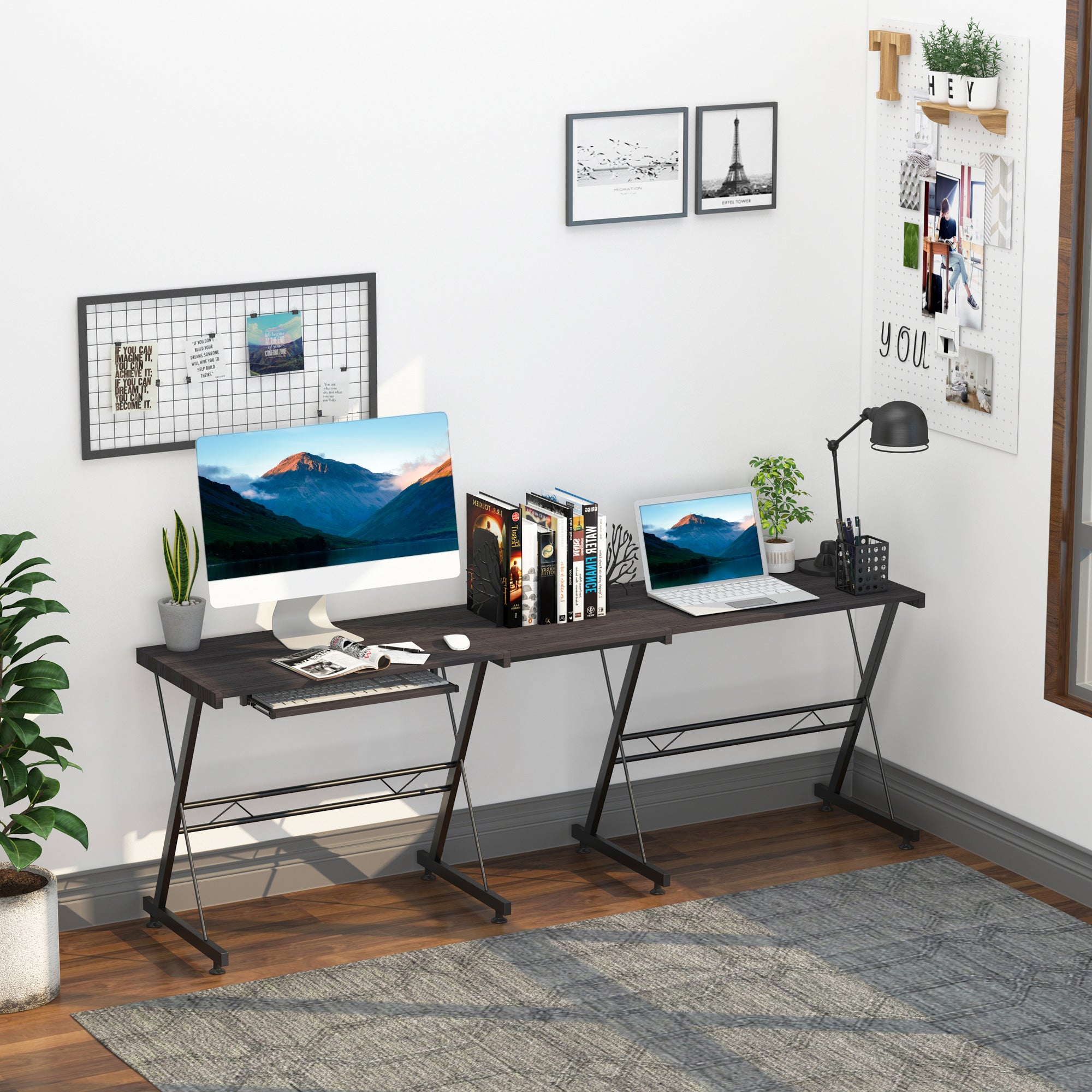 HOMCOM L Shaped Gaming Desk, Corner Computer Desk with Keyboard Tray, Work Table for Home Office, Study Workstation, 130 x 130 x 73.5cm, Black - North Peak Garden Furniture