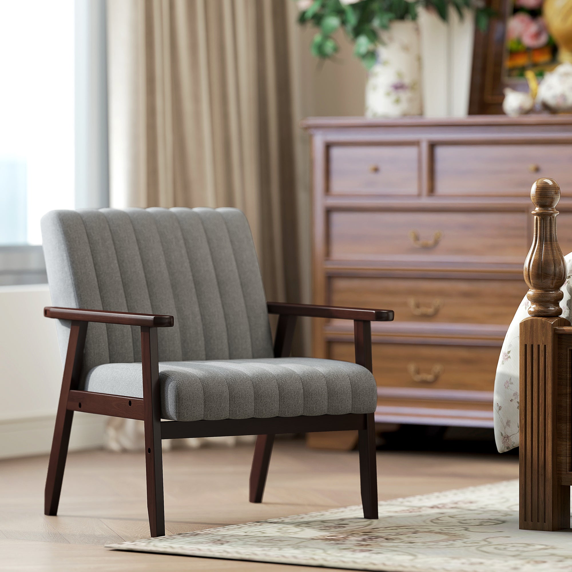 HOMCOM Mid Century Accent Chair, with Wooden Legs - Grey - North Peak Garden Furniture