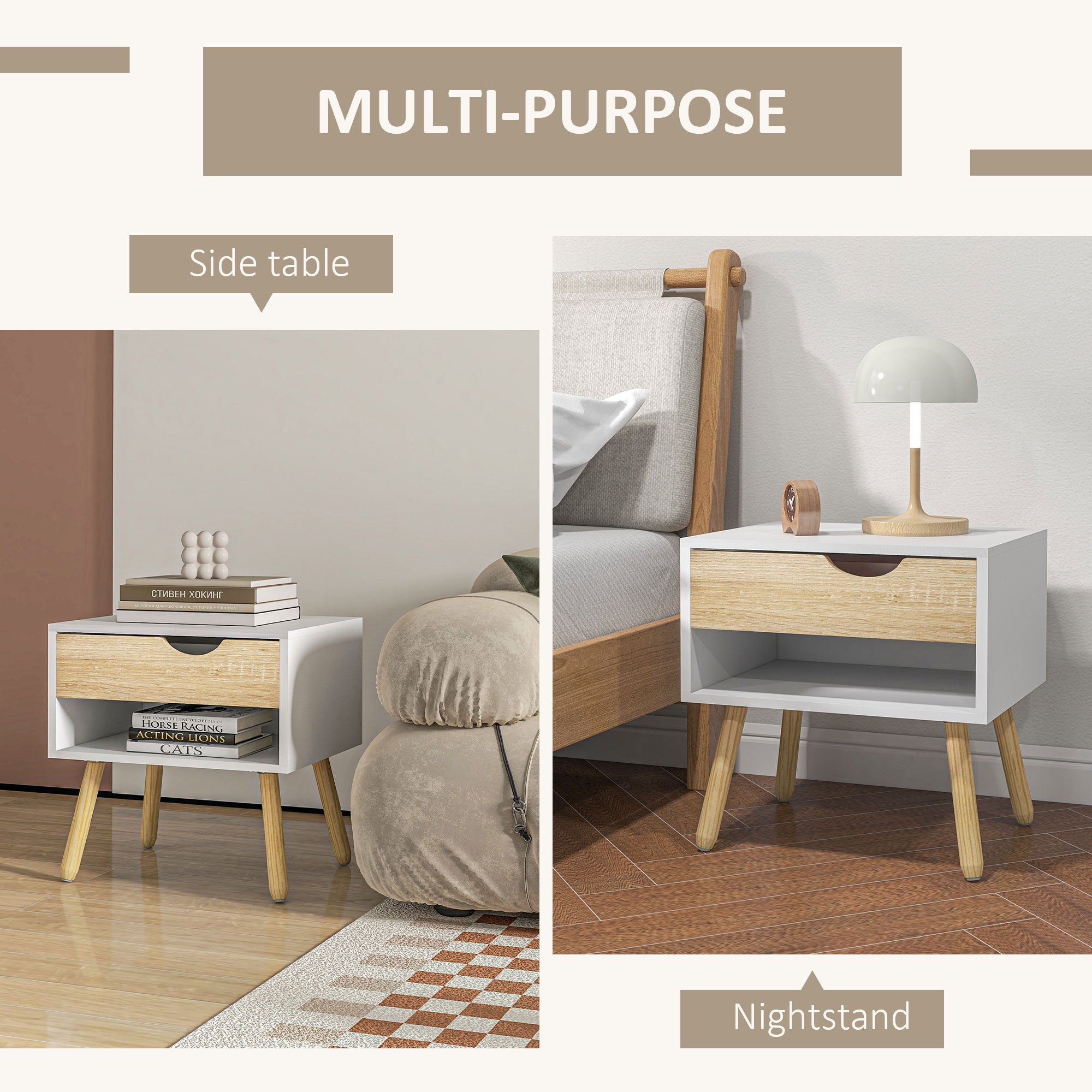 HOMCOM Bedside Table with Drawer and Shelf, Modern Nightstand, End Table for Bedroom, Living Room, Set of 2 - North Peak Garden Furniture