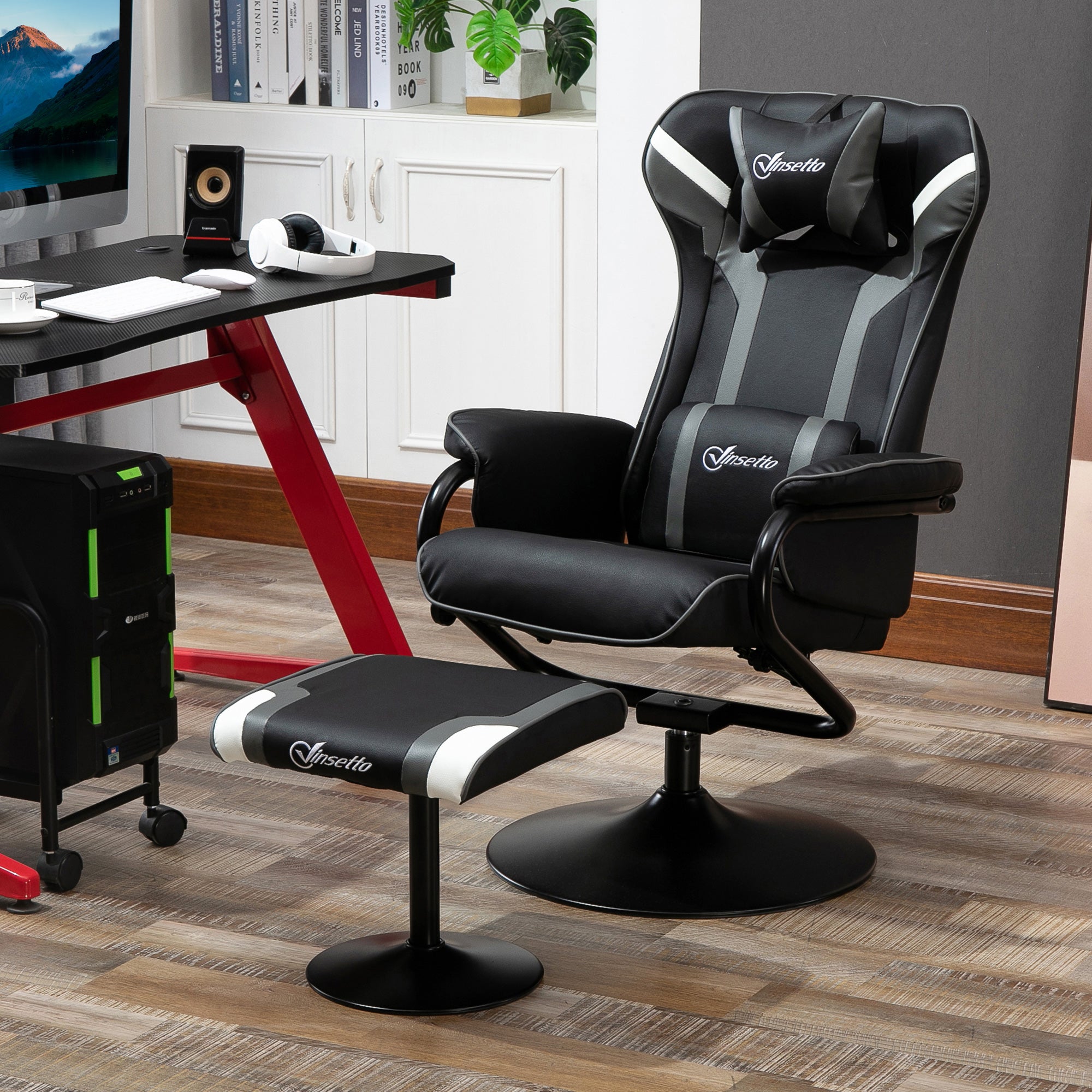 Vinsetto Reclining Chair and Stool Set, Recliner Chair with Headrest, Gaming Chair with Lumbar Support, Pedestal Base for Home Office, Grey - North Peak Garden Furniture