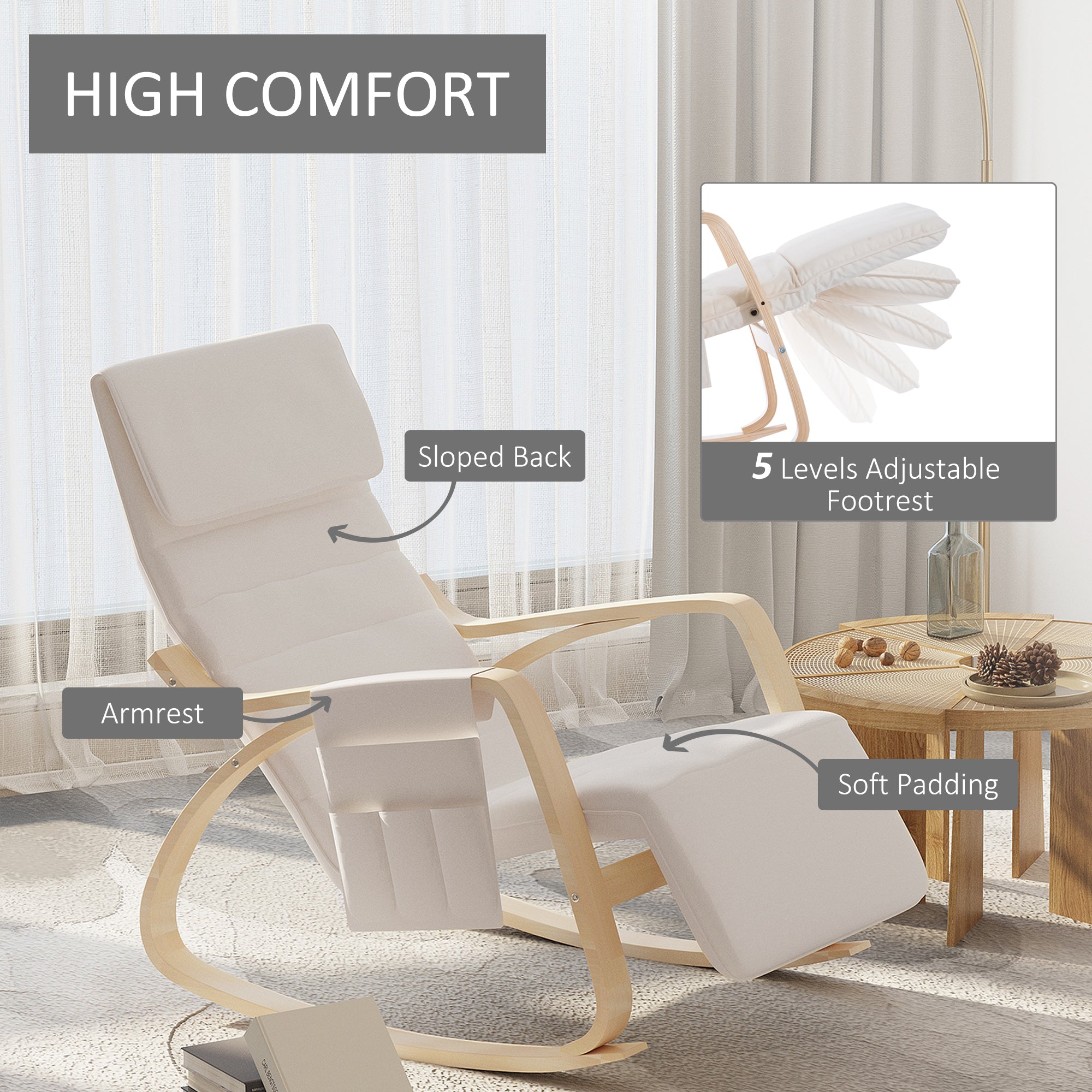 HOMCOM Rocking Lounge Chair Recliner Relaxation Lounging Relaxing Seat with Adjustable Footrest, Side Pocket and Pillow, Cream White - North Peak Garden Furniture