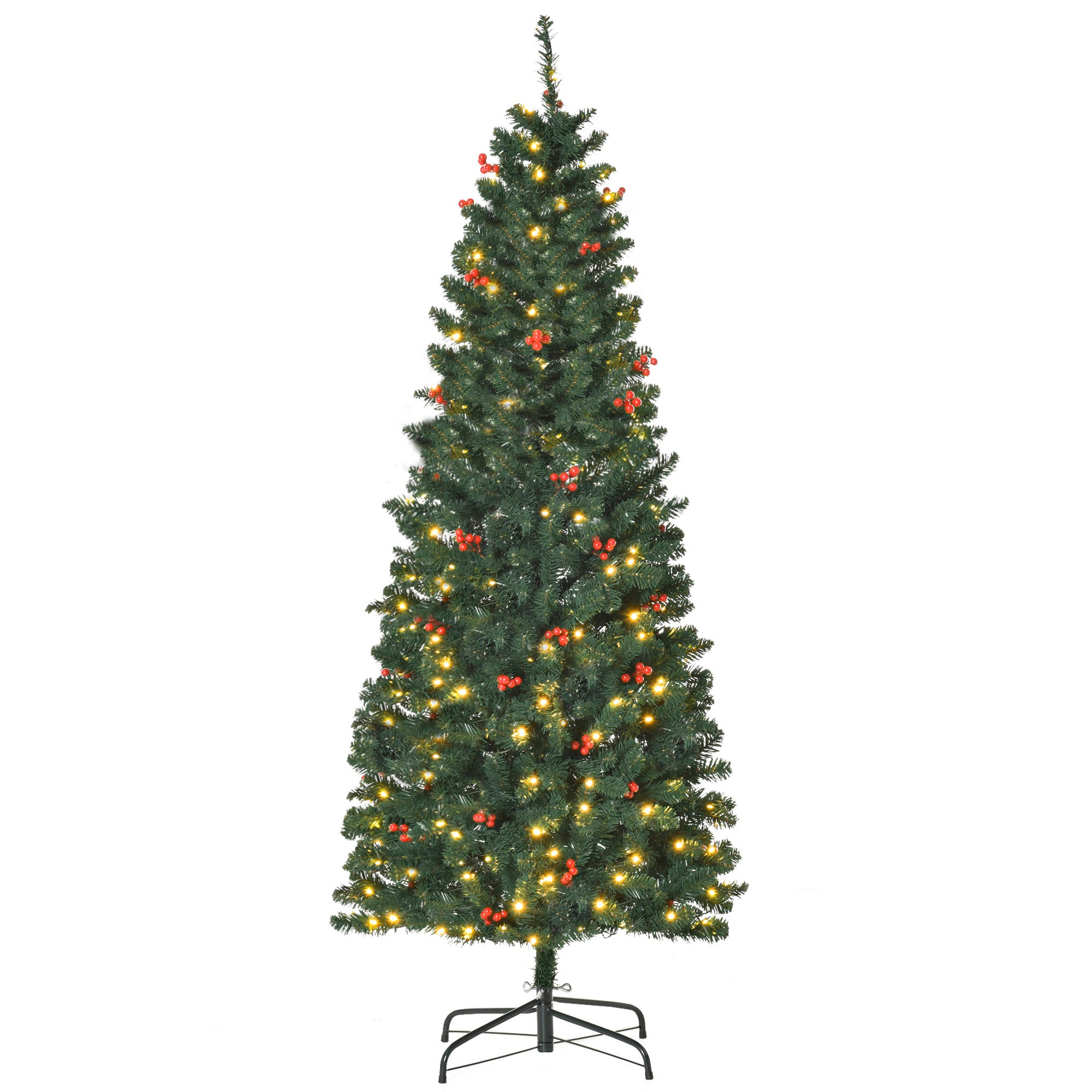 HOMCOM 6FT Prelit Artificial Pencil Christmas Tree with Warm White LED Light, Red Berry, Holiday Home Xmas Decoration, Green - North Peak Garden Furniture