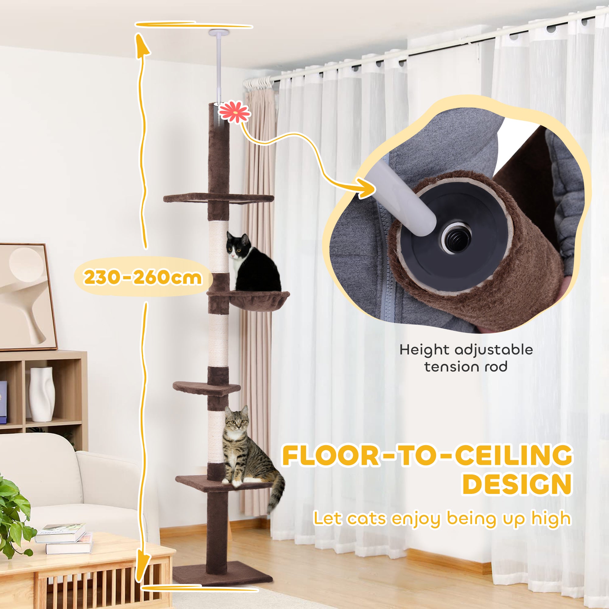 PawHut Floor to Ceiling Cat Tree for Indoor Cats 5-Tier Kitty Tower Climbing Activity Center Scratching Post Adjustable Height 230-260 cm Brown - North Peak Garden Furniture