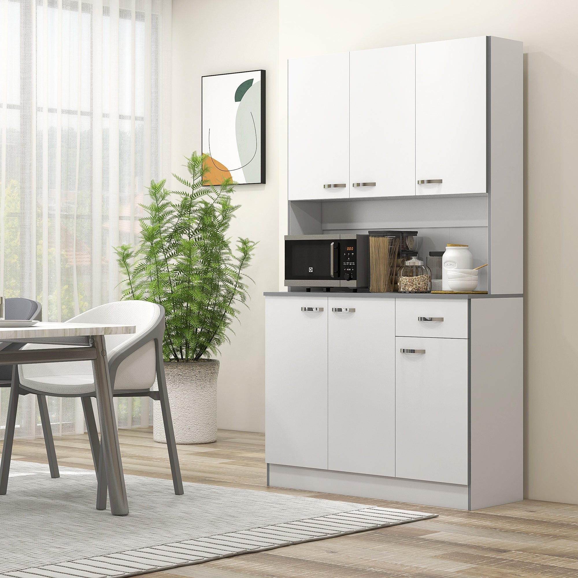 HOMCOM Kitchen Cupboard, Freestanding Kitchen Storage Cabinet with 6 Doors, Drawer, Adjustable Shelves and Open Countertop for Dining Room, White - North Peak Garden Furniture