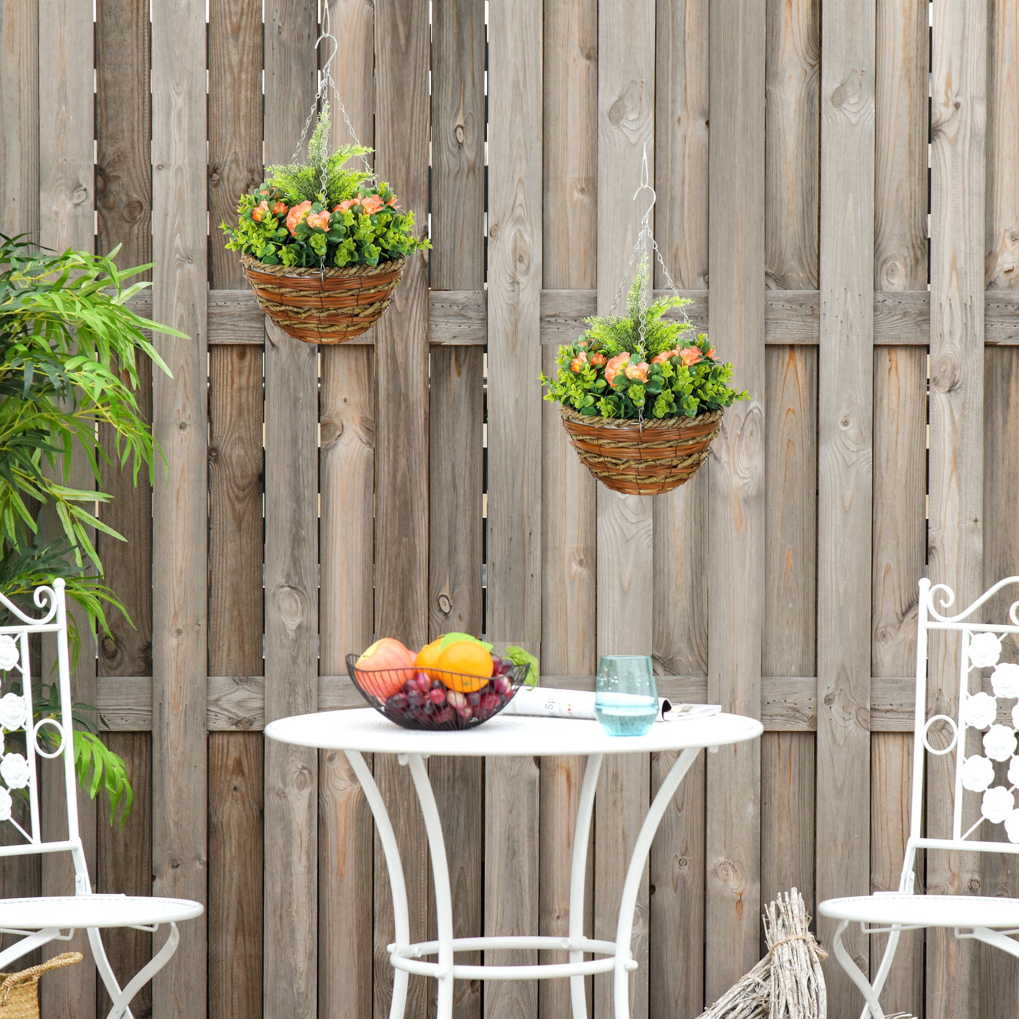 Outsunny Pack of 2 Faux Plant Artificial Lisianthus Flowers Hanging Planter with Basket for Indoor Outdoor Decoration, Orange - North Peak Garden Furniture