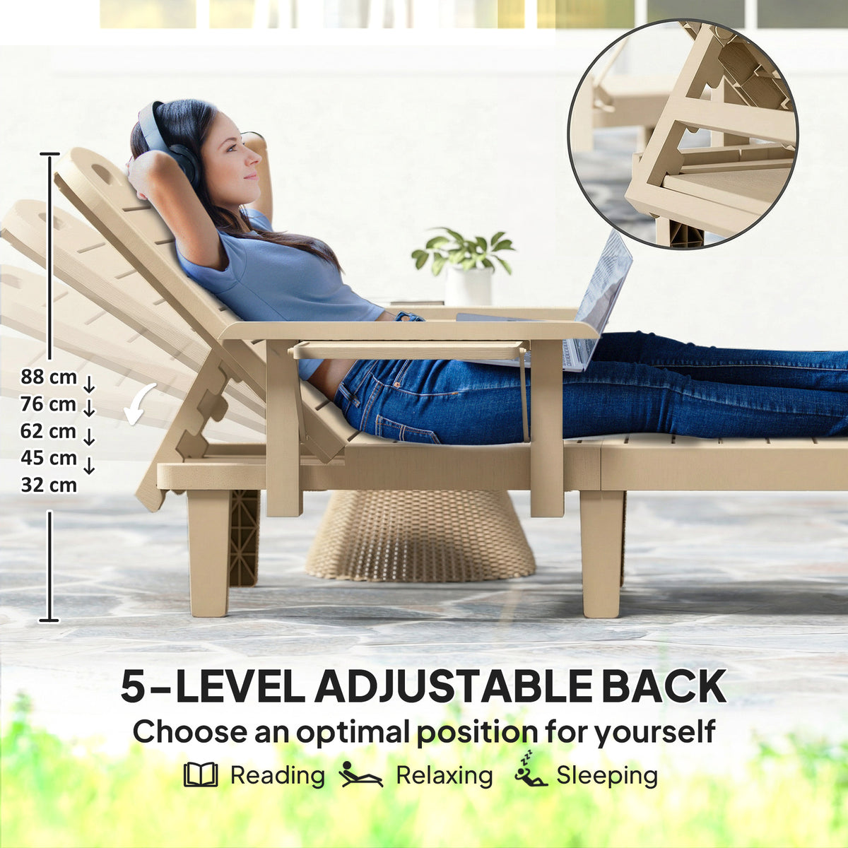 Outsunny Set of 2 Reclining Sun Loungers, 5 Positions Adjustable Outdoor Chaise Lounge Chair with Armrests, Khaki