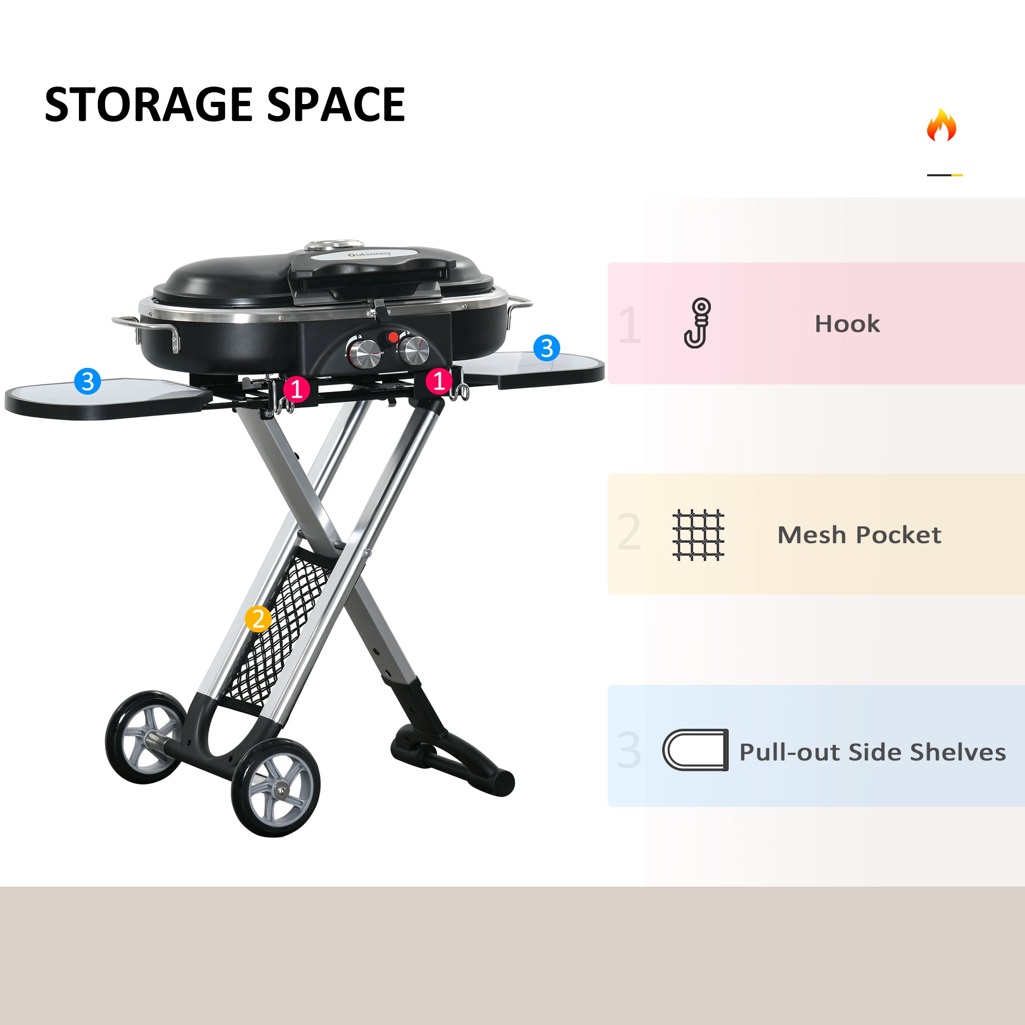 Outsunny Foldable Gas BBQ Grill 2 Burner Garden Barbecue Trolley w/ Lid Side Shelves Storage Pocket Piezo Ignition Thermometer, Aluminium Alloy - North Peak Garden Furniture