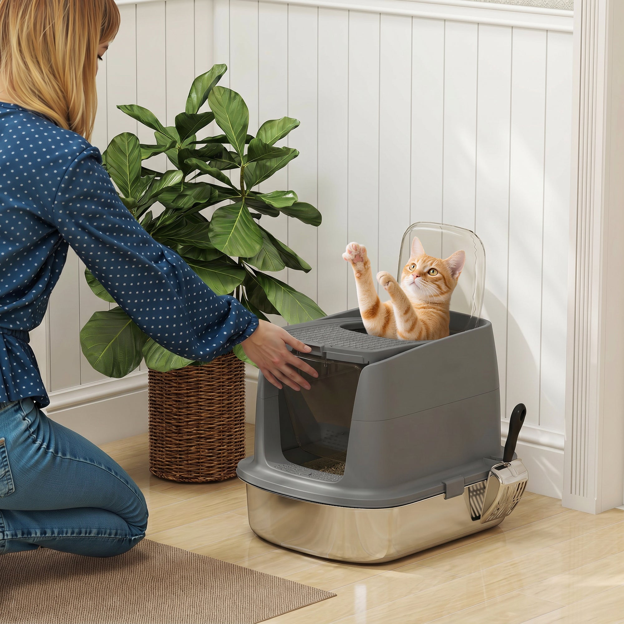 PawHut Large Stainless Steel Litter Box, Enclosed Metal Cat Litter Tray with Scoop, Deodoriser Bag, Front-Entry and Top-Exit
