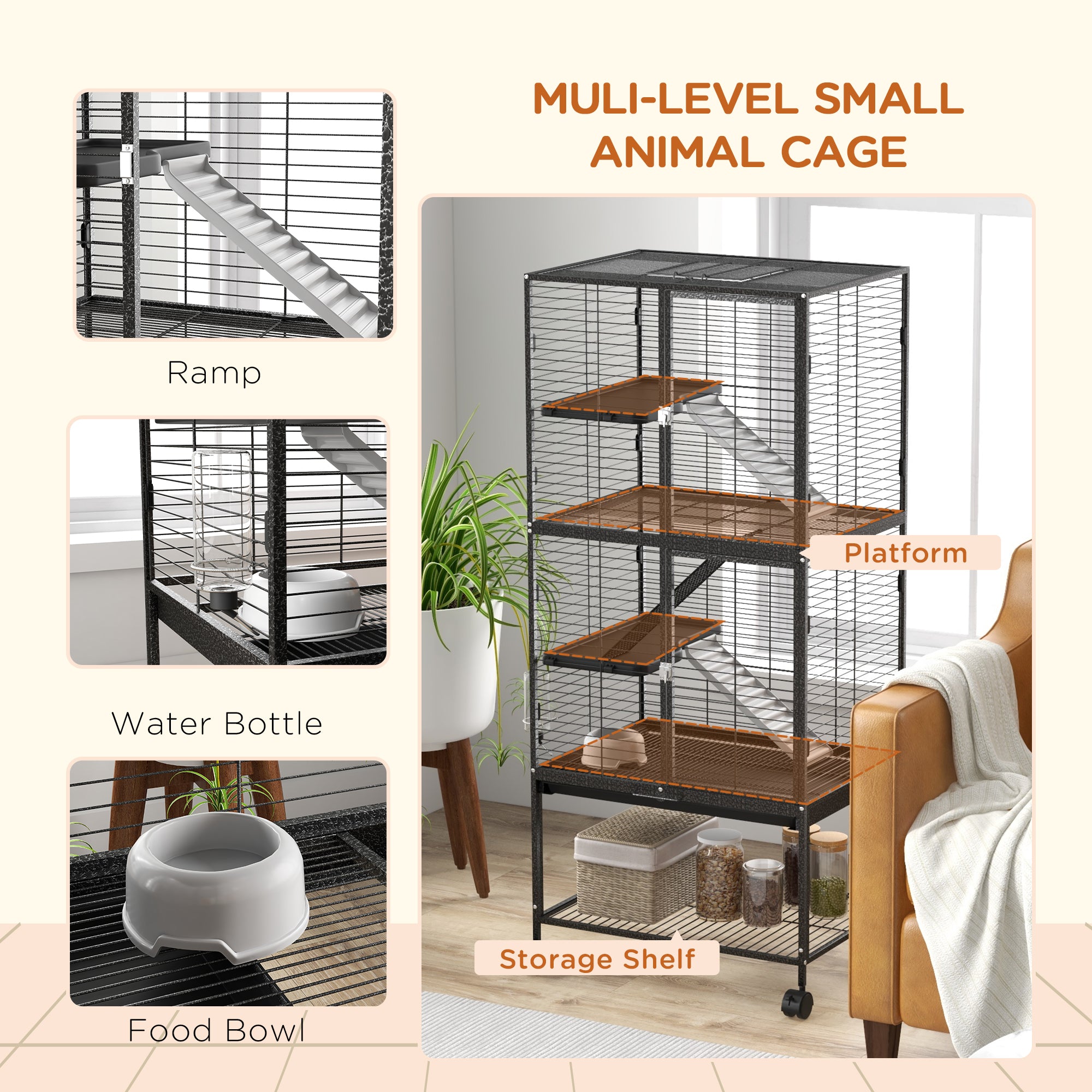 PawHut Rolling Chinchilla Cage, Small Animal Cage for Ferrets w/ Three Doors, Storage, Shelf, Tray Tray, Bowl, Water Bottle - North Peak Garden Furniture