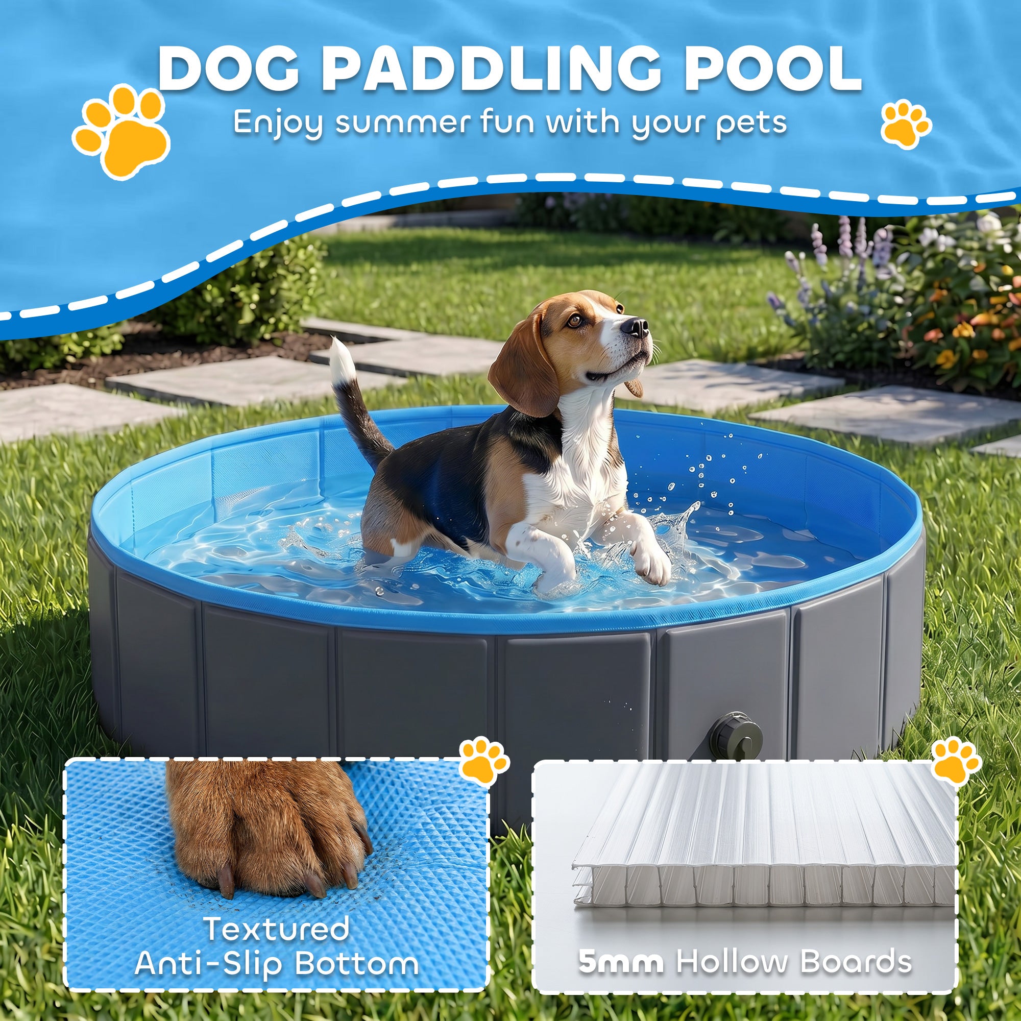PawHut Foldable Dog Pool for Puppies and Ducks Dog Paddling Pool Bath Tub, Dark Grey, 100 x 30 cm