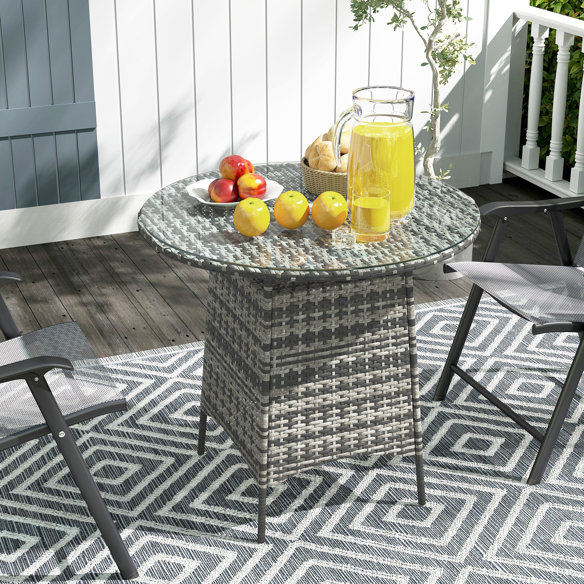 Outsunny Wicker Garden Rattan Table, Patio Furniture Outdoor Coffee Table with Umbrella Hole and Tempered Glass Top, Grey - North Peak Garden Furniture