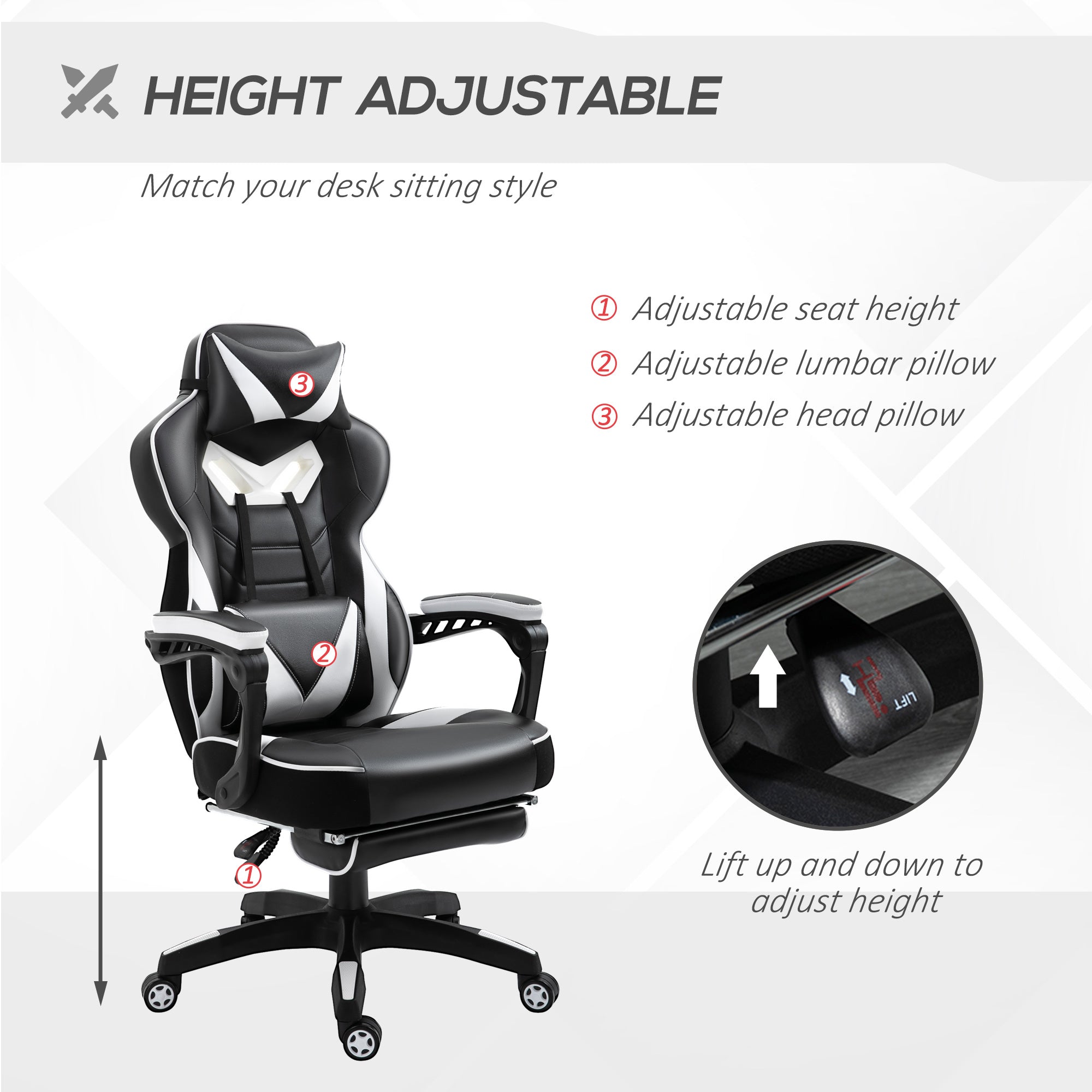 Vinsetto Computer Gaming Chair, Racing Desk Chair with Lumbar Support and Footrest, PU Leather Gamer Chair with Headrest and Swivel Wheels for Home, White - North Peak Garden Furniture