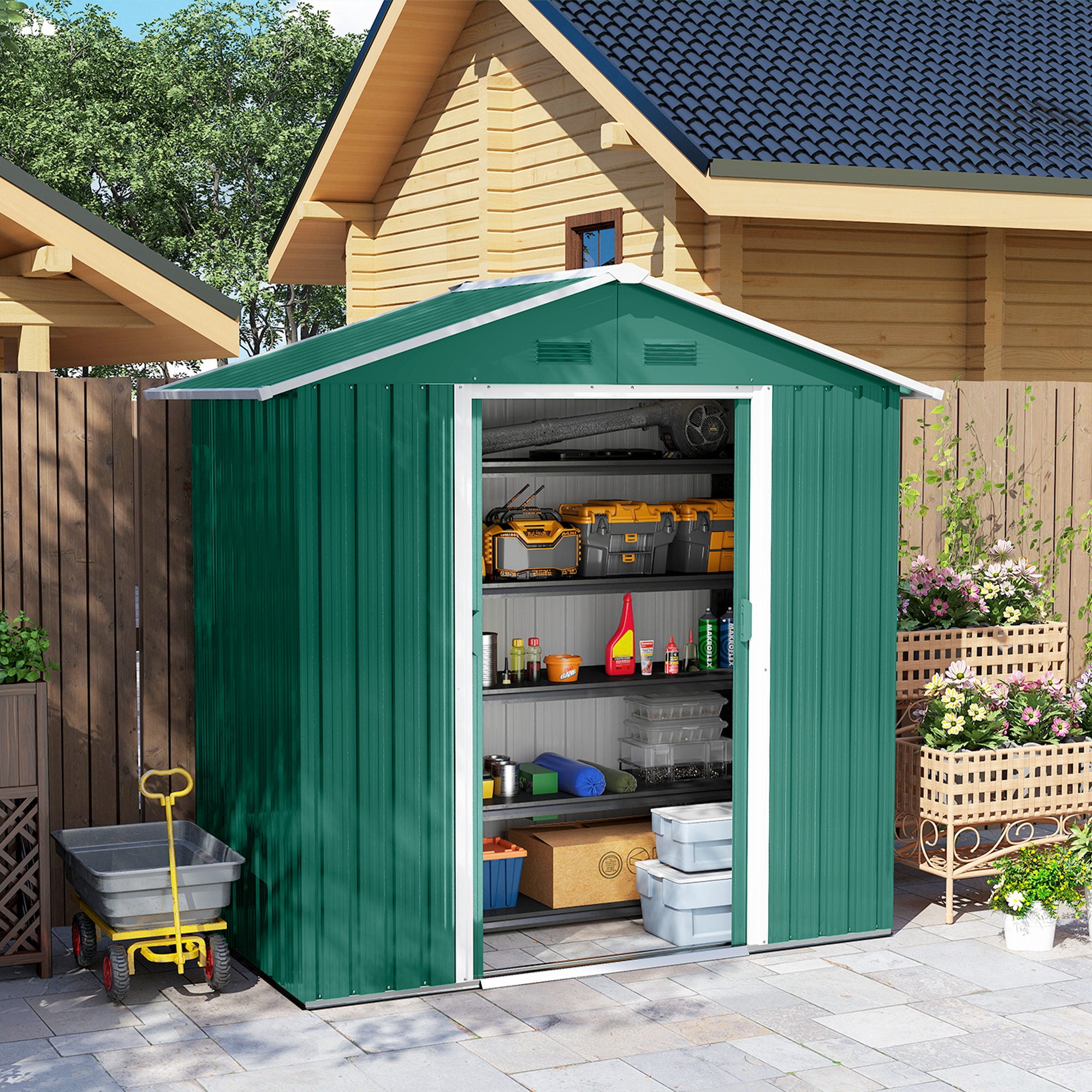 Outsunny 6.5ft x 3.5ft Metal Garden Storage Shed for Outdoor Tool Storage with Double Sliding Doors and 4 Vents, Green - North Peak Garden Furniture