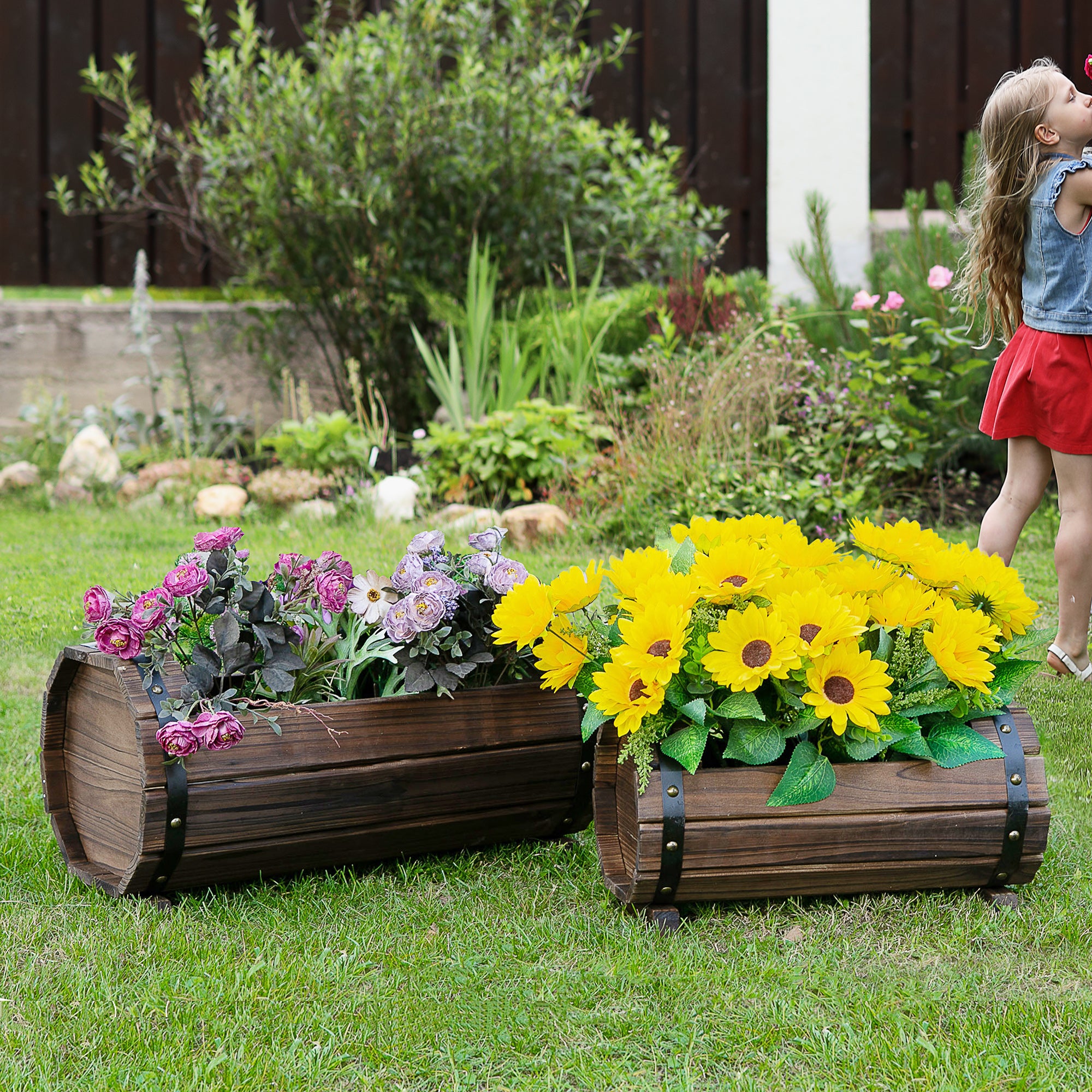 Outsunny 2PCs 56L Wooden Planter Box Flower Plant Pot Outdoor Flower Beds Plant Box with Solid Wood Carbonized Colour - North Peak Garden Furniture