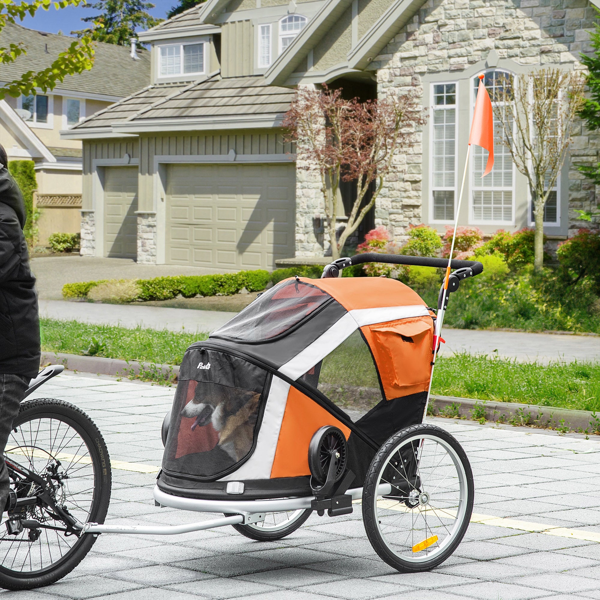 PawHut Dog Bike Trailer 2-in-1 Pet Stroller for Large Dogs Cart Foldable Bicycle Carrier Aluminium Frame with Safety Leash Hitch Coupler Reflector Flag Orange - North Peak Garden Furniture
