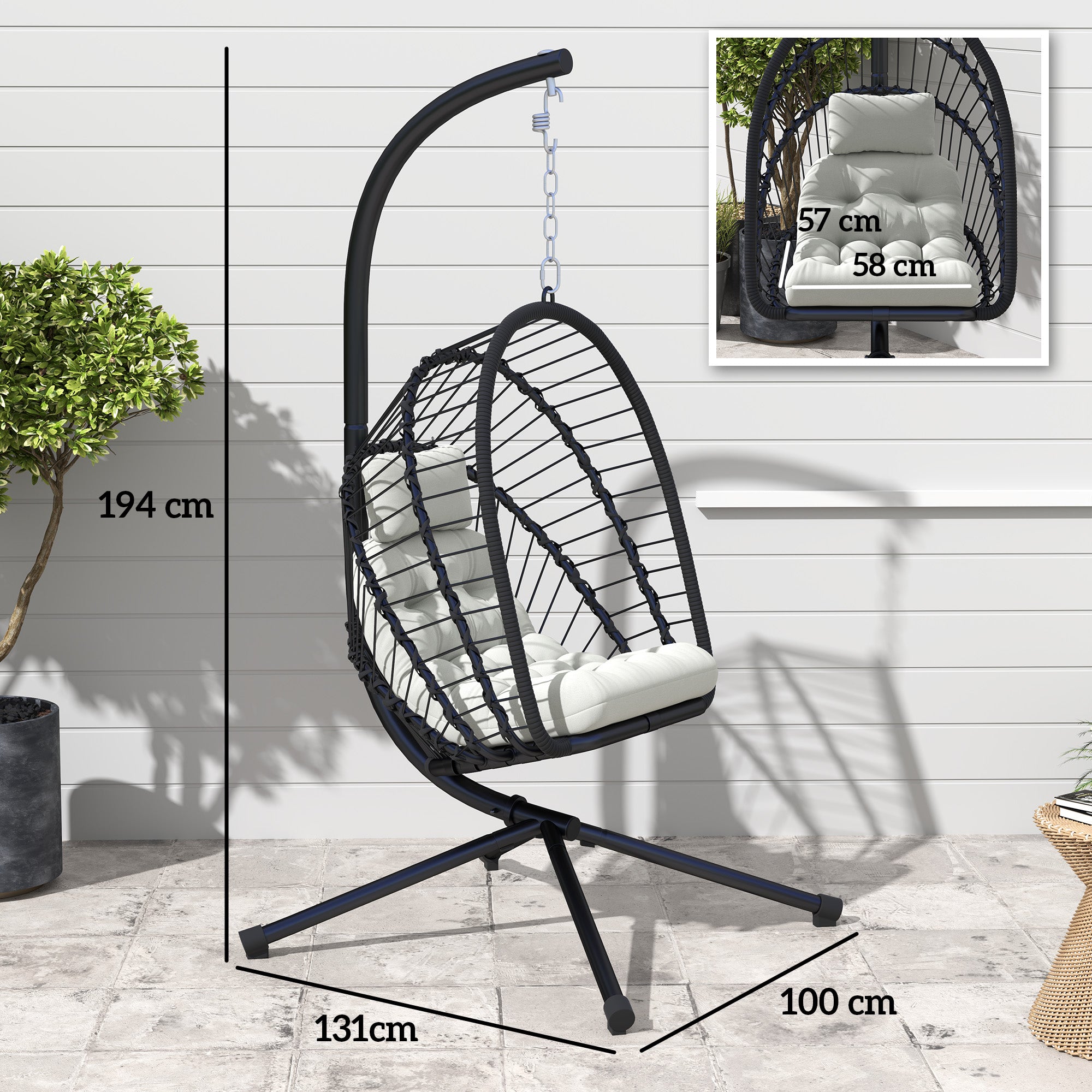 Outsunny Outdoor PE Rattan Swing Chair with Cushion, Garden Foldable Basket Patio Hanging Egg Chair with Metal Stand, Headrest, for Indoor and Outdoor, Black