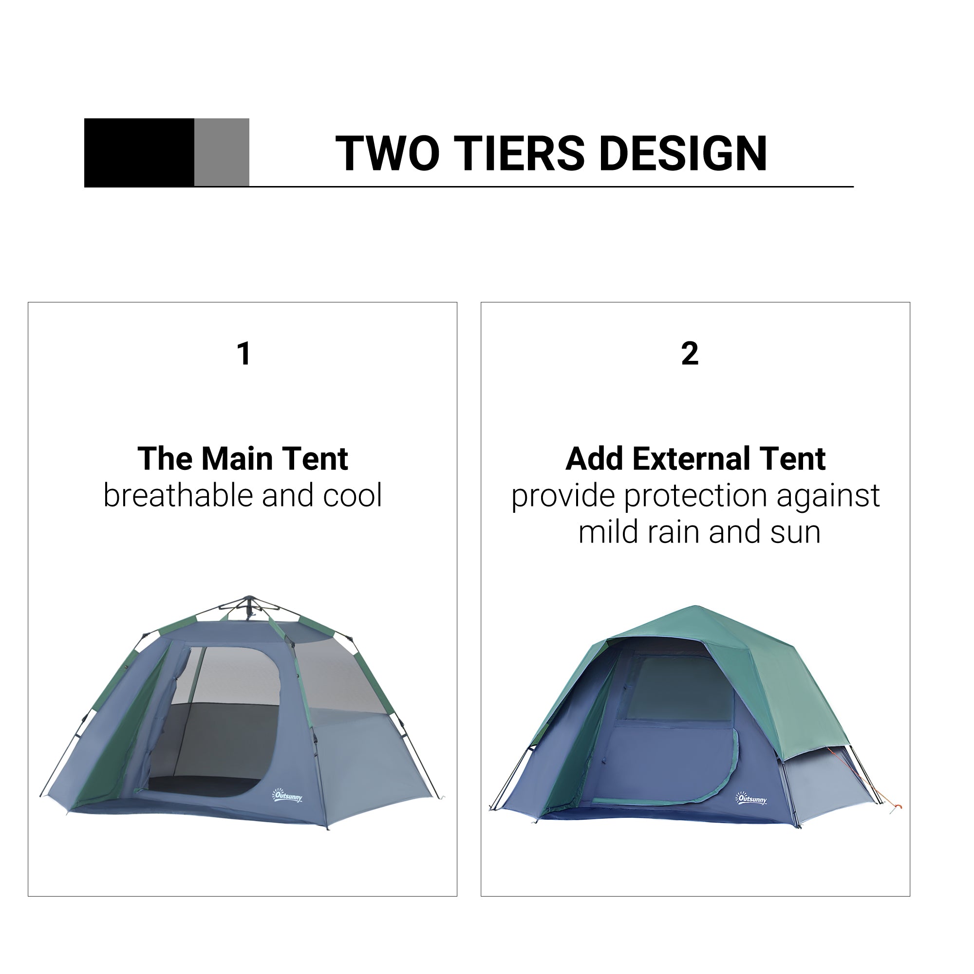 Outsunny Lightweight Camping Tent, 3/4 Person, Fibreglass Frame, Waterproof, Green