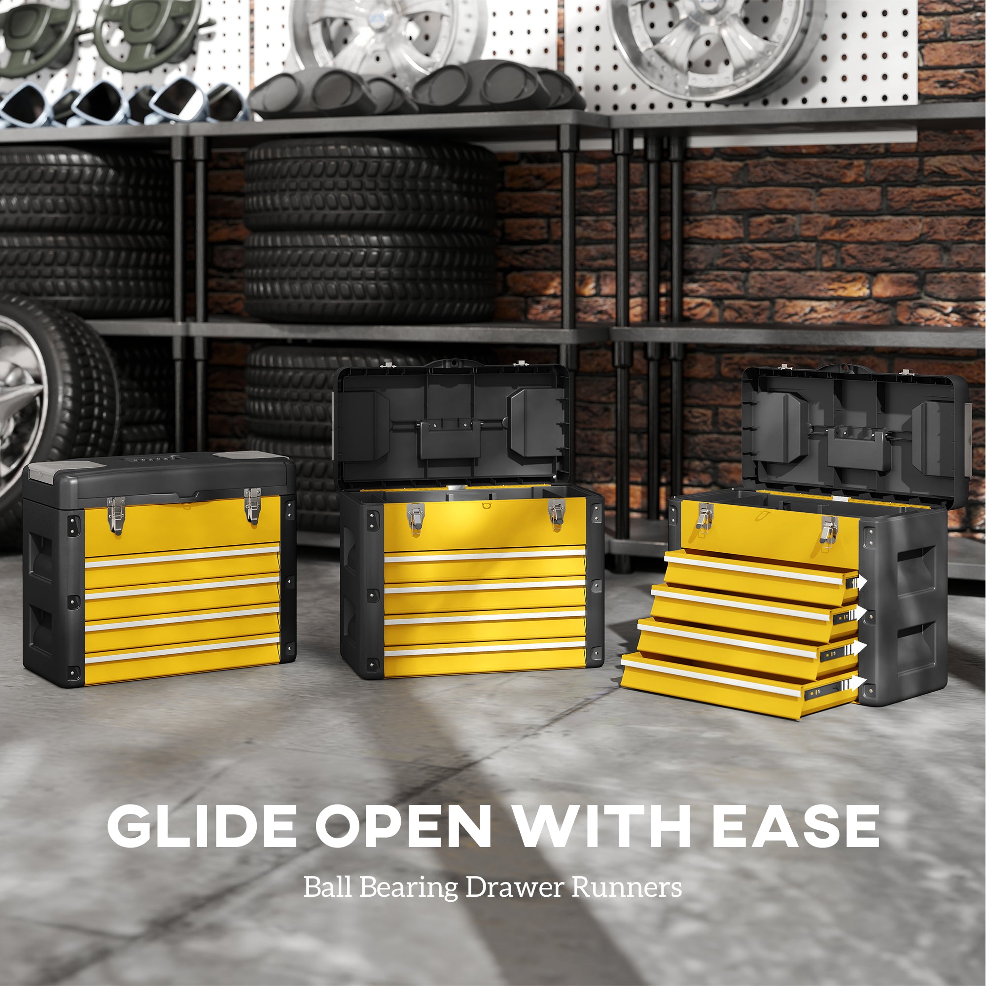 HOMCOM 4 Drawers Large Toolbox - Yellow - North Peak Garden Furniture
