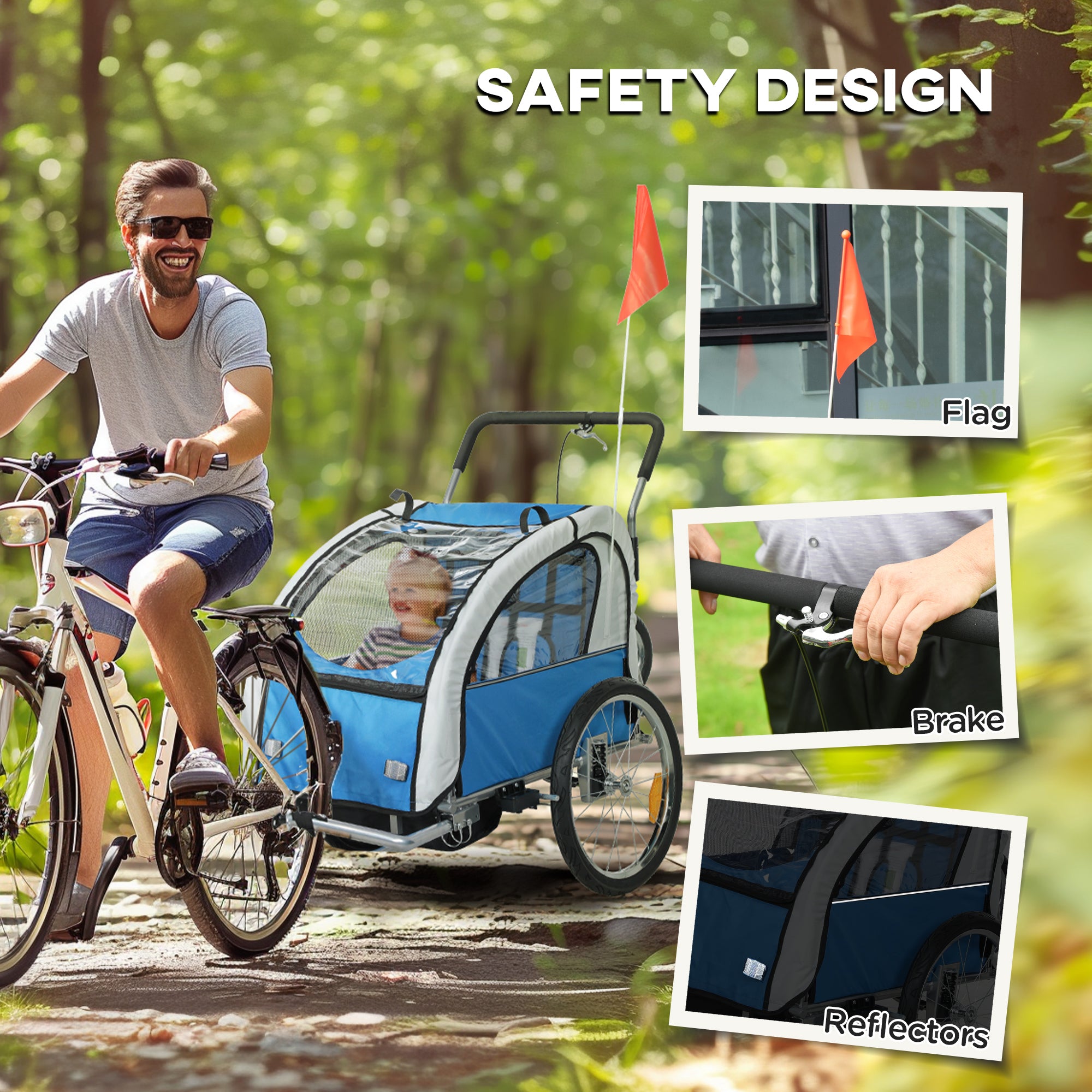 HOMCOM 2 Seat Bike Trailer with 5 Point Harness, Baby Bike Stroller with Safety Flag, Reflectors, for 18+ Months, Blue - North Peak Garden Furniture