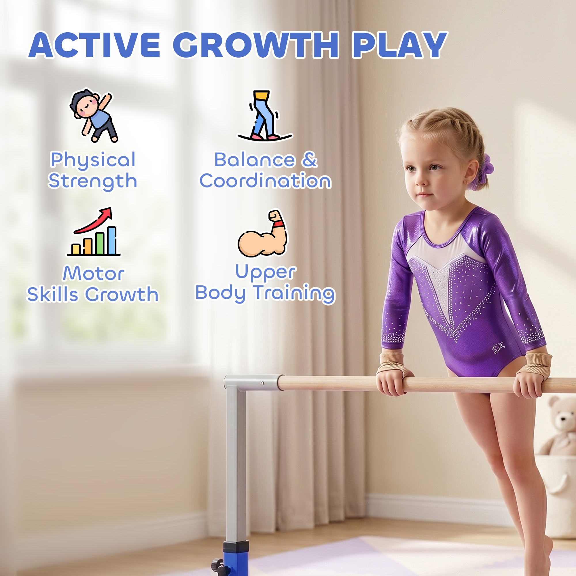 HOMCOM Height Adjustable Gymnastics Horizontal Bar For Kids Home Gym Training Children Junior Kip High Bar Fitness Blue