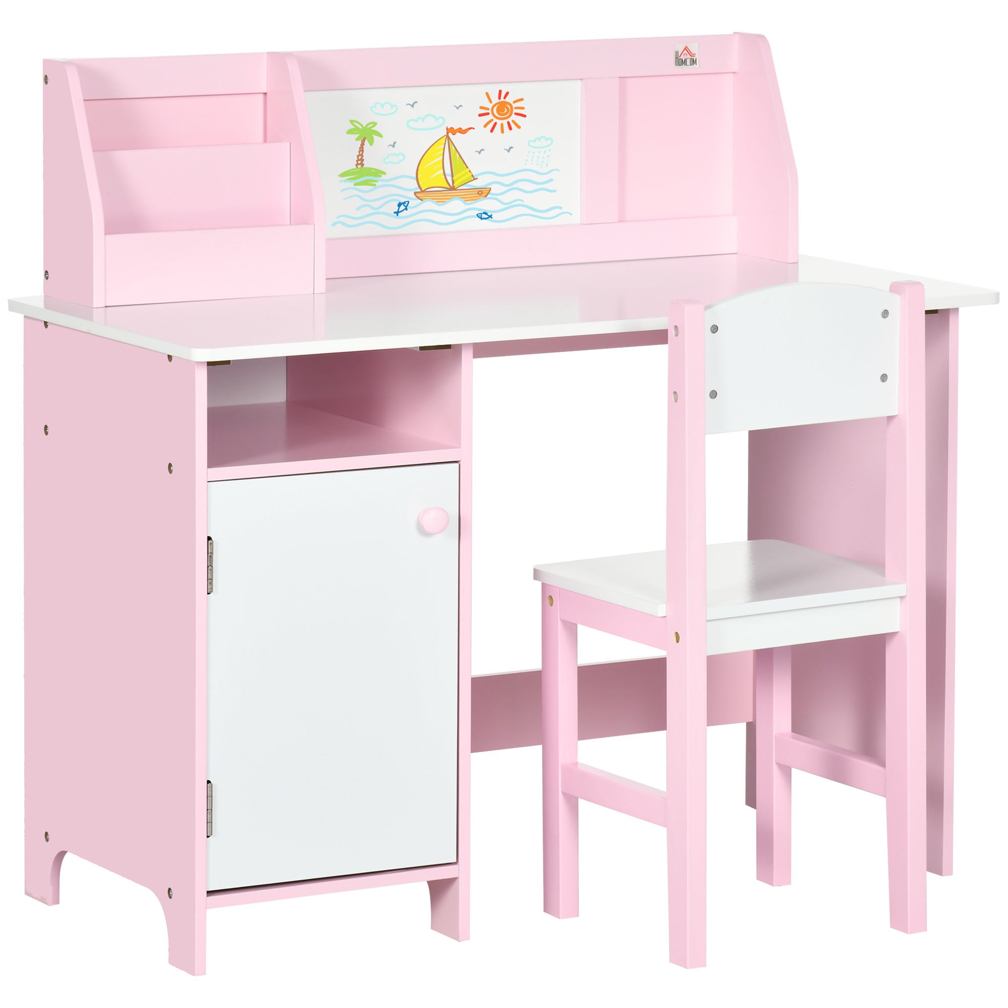 HOMCOM Kids Desk And Chair Set 2 PCs Childrens Table And Chair Set Multi Use Toddler Furniture with Whiteboard, Storage - Pink
