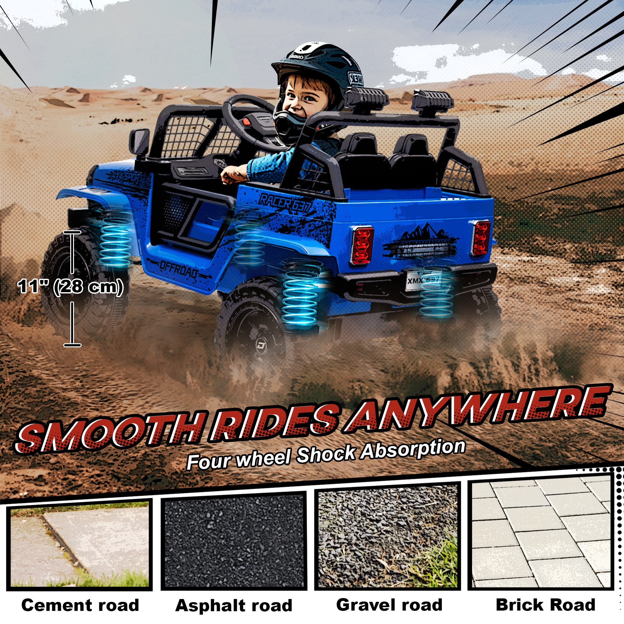 AIYAPLAY 12V Battery Powered Kids Ride On Car, Electric Truck w/ Spring Suspension, Remote, Music Horn Lights - Blue