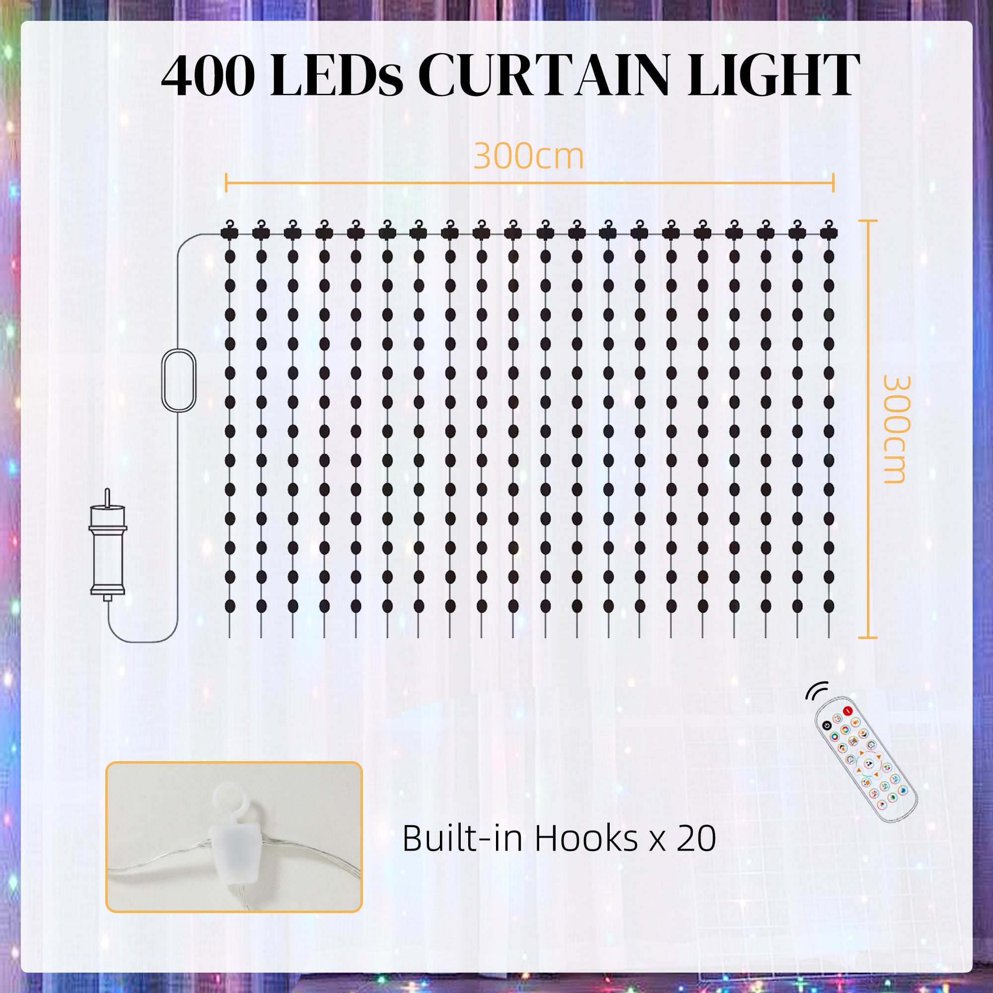 HOMCOM LED Curtain Lights, Smart Curtain Fairy Lights Plug In, Colour Changing Wall Lights with Remote, Dynamic DIY Hanging Window String Lights for Bedroom Living Room Decor, 3x3(m), 400 RGBIC LED - North Peak Garden Furniture